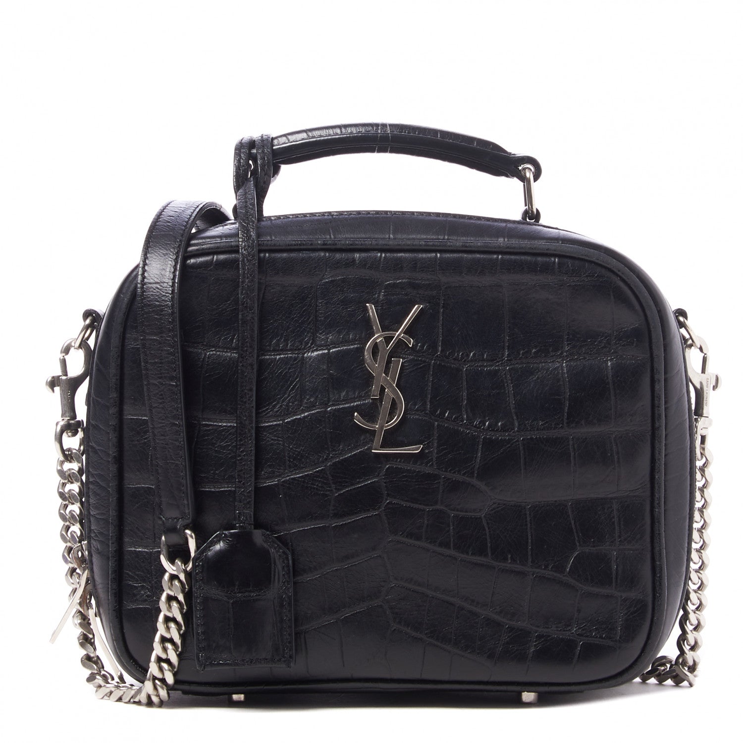 Saint Laurent Calfskin Crocodile Embossed Monogram Lunch Box Bag Black 1 of 8