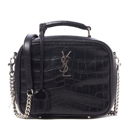 Saint Laurent Calfskin Crocodile Embossed Monogram Lunch Box Bag Black 1 of 8