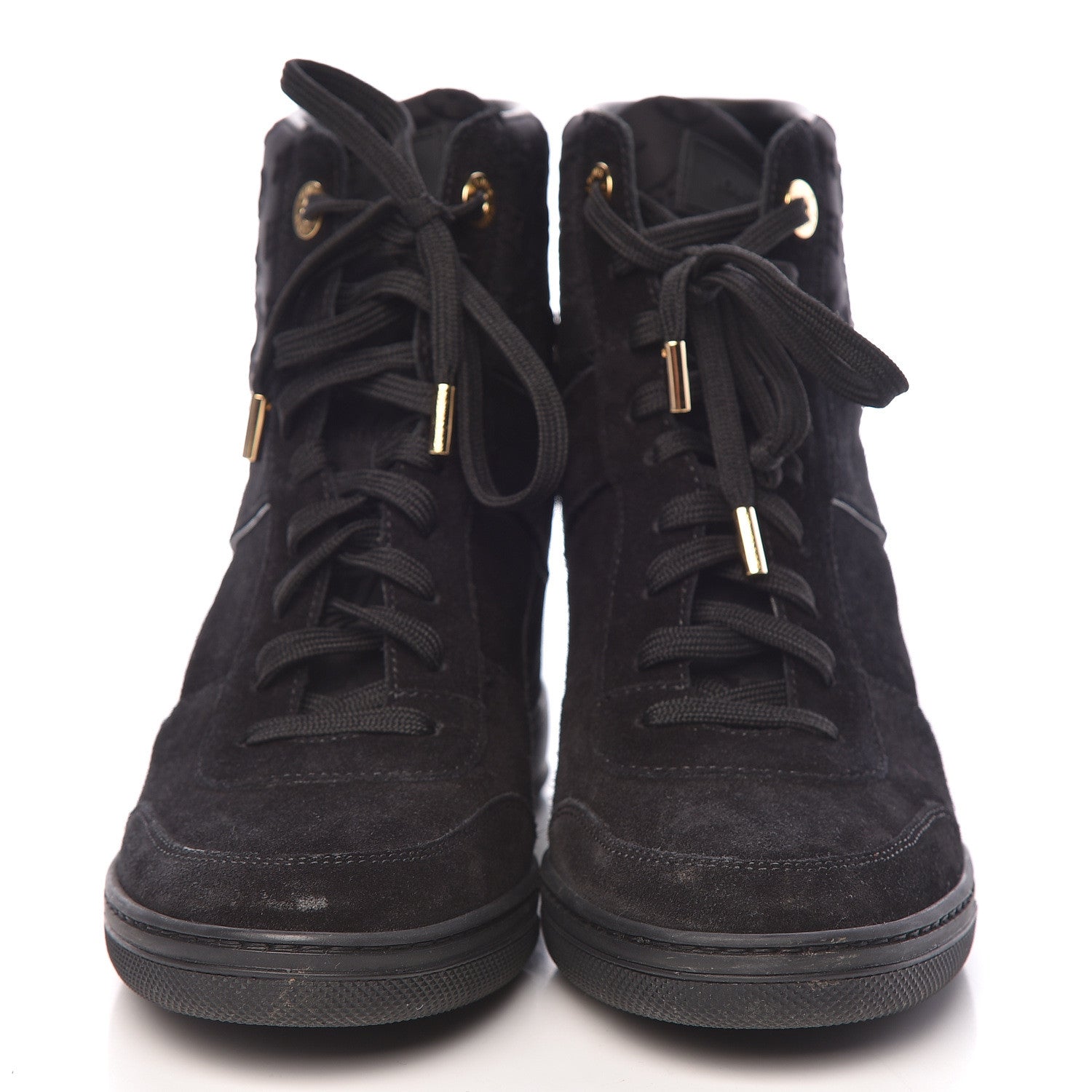 Louis Vuitton Calfskin Suede Monogram Cliff Top Wedge Sneakers 38.5 Black 2 of 14