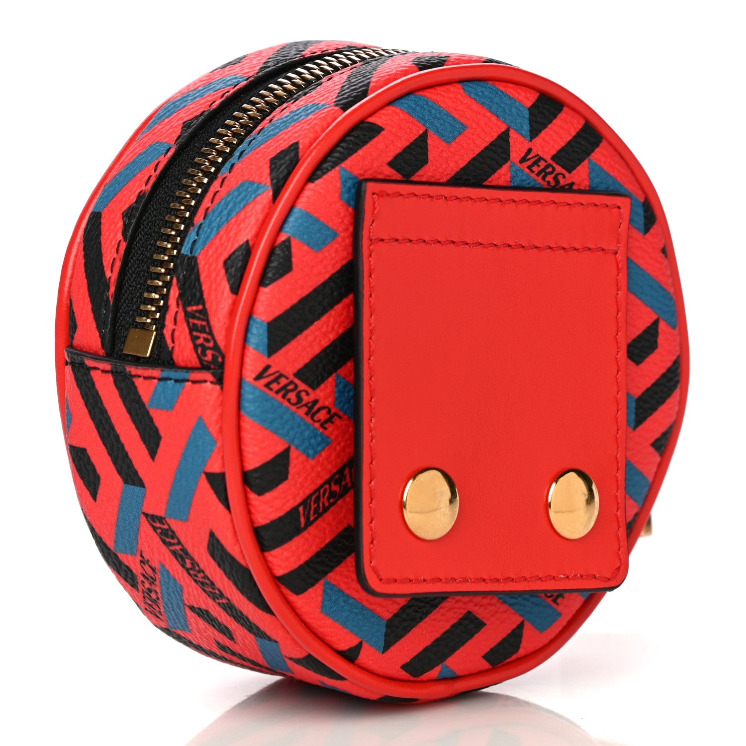 Versace Coated Canvas Calfskin La Greca Round Zip Pouch Blue Red 3 of 9