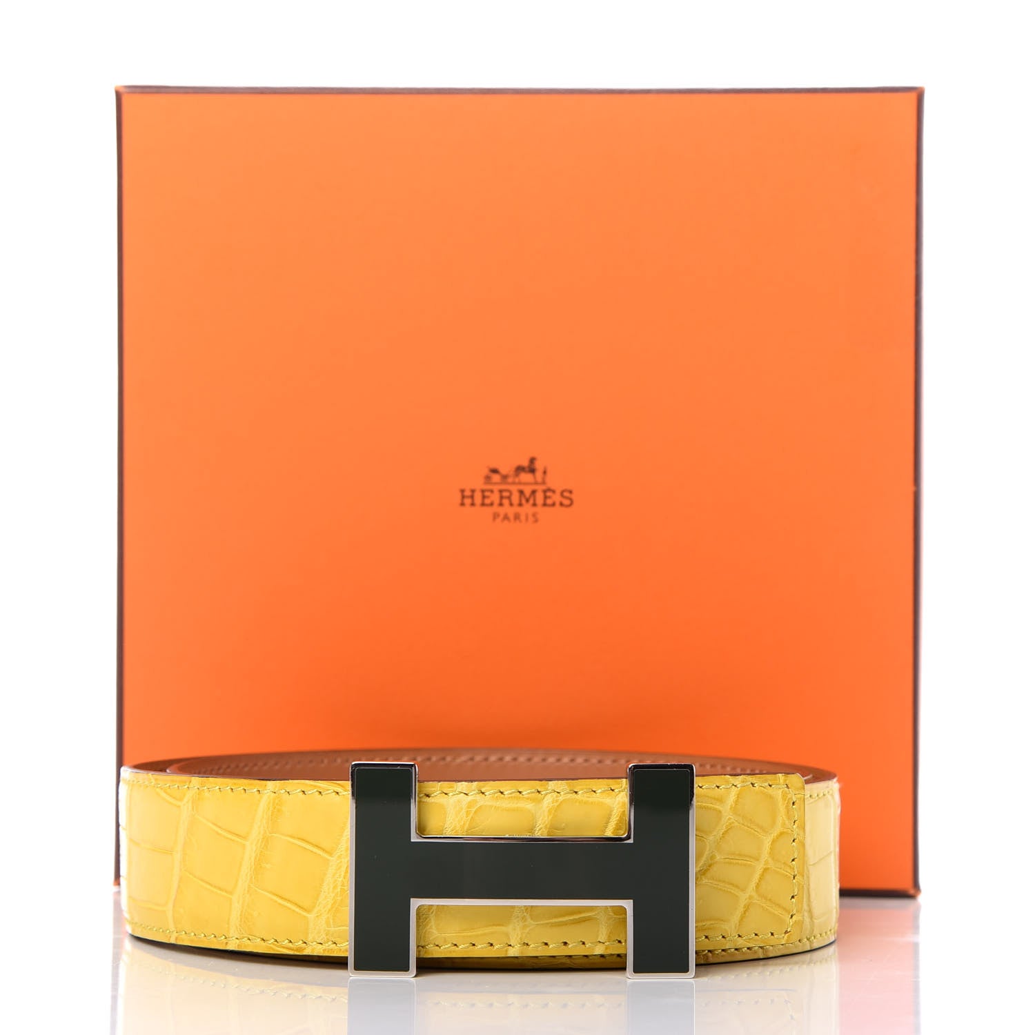 Hermes Shiny Porosus Crocodile 32mm Enamel Quizz H Belt 80 Mimosa 5 of 5