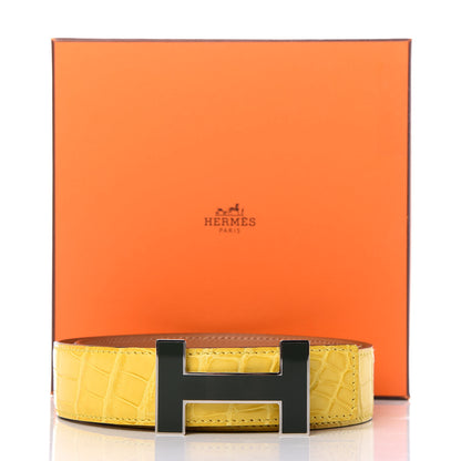Hermes Shiny Porosus Crocodile 32mm Enamel Quizz H Belt 80 Mimosa 5 of 5