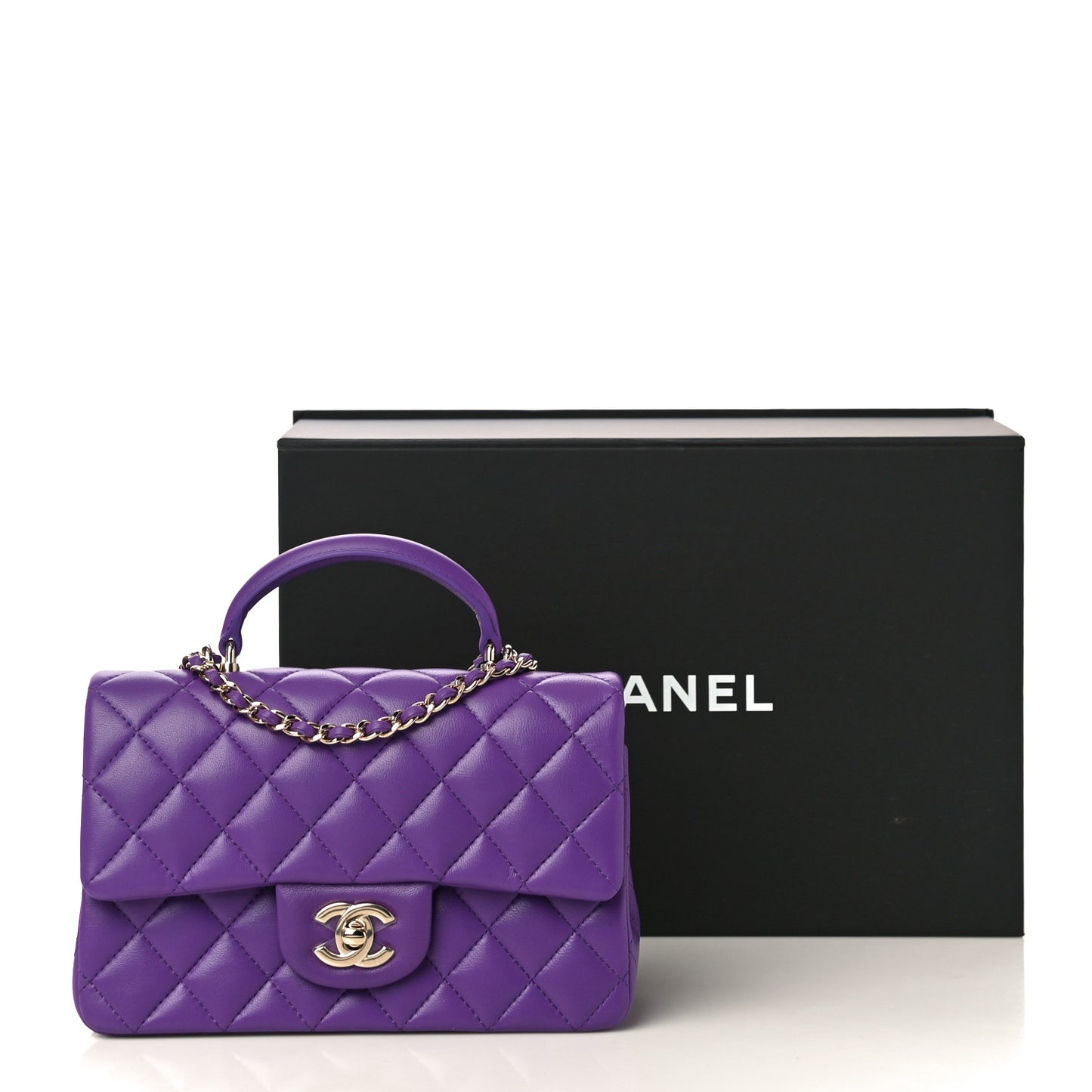 Lambskin Quilted Mini Top Handle Rectangular Flap Dark Purple