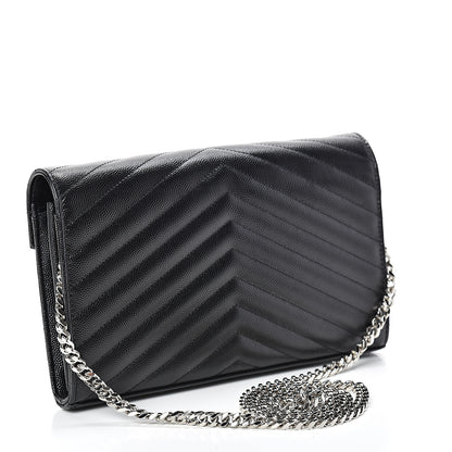 Saint Laurent Grain De Poudre Matelasse Chevron Monogram Chain Wallet Black 2 of 10