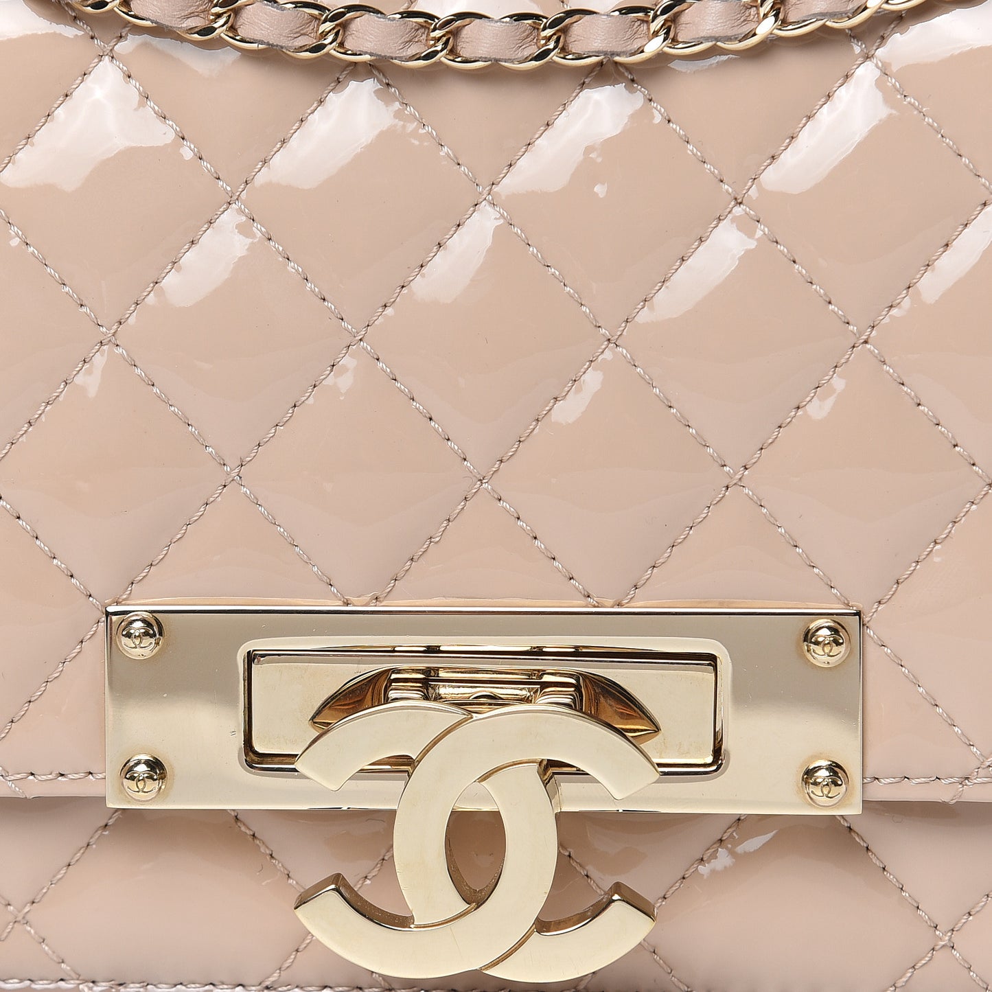 Patent Quilted Golden Class Clutch With Chain Light Beige
