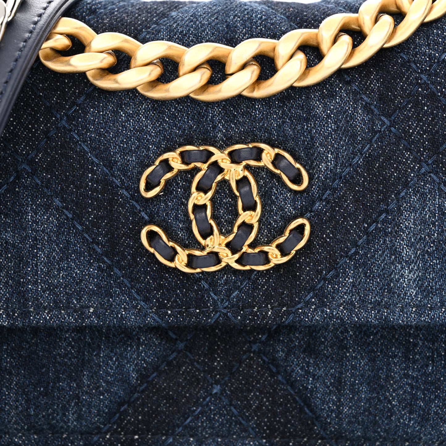Denim Quilted Chanel 19 Flap Phone Holder With Chain Blue