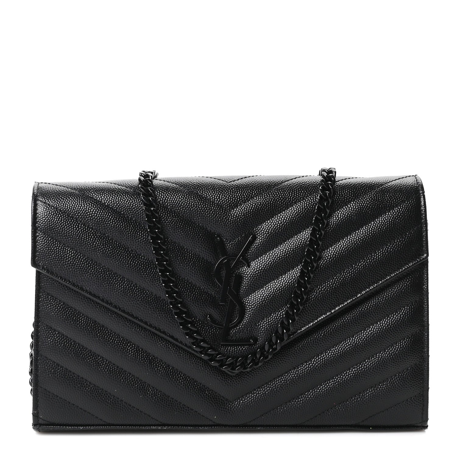 Saint Laurent Grain De Poudre Matelasse Chevron Monogram Monochrome Chain Wallet Black 1 of 11