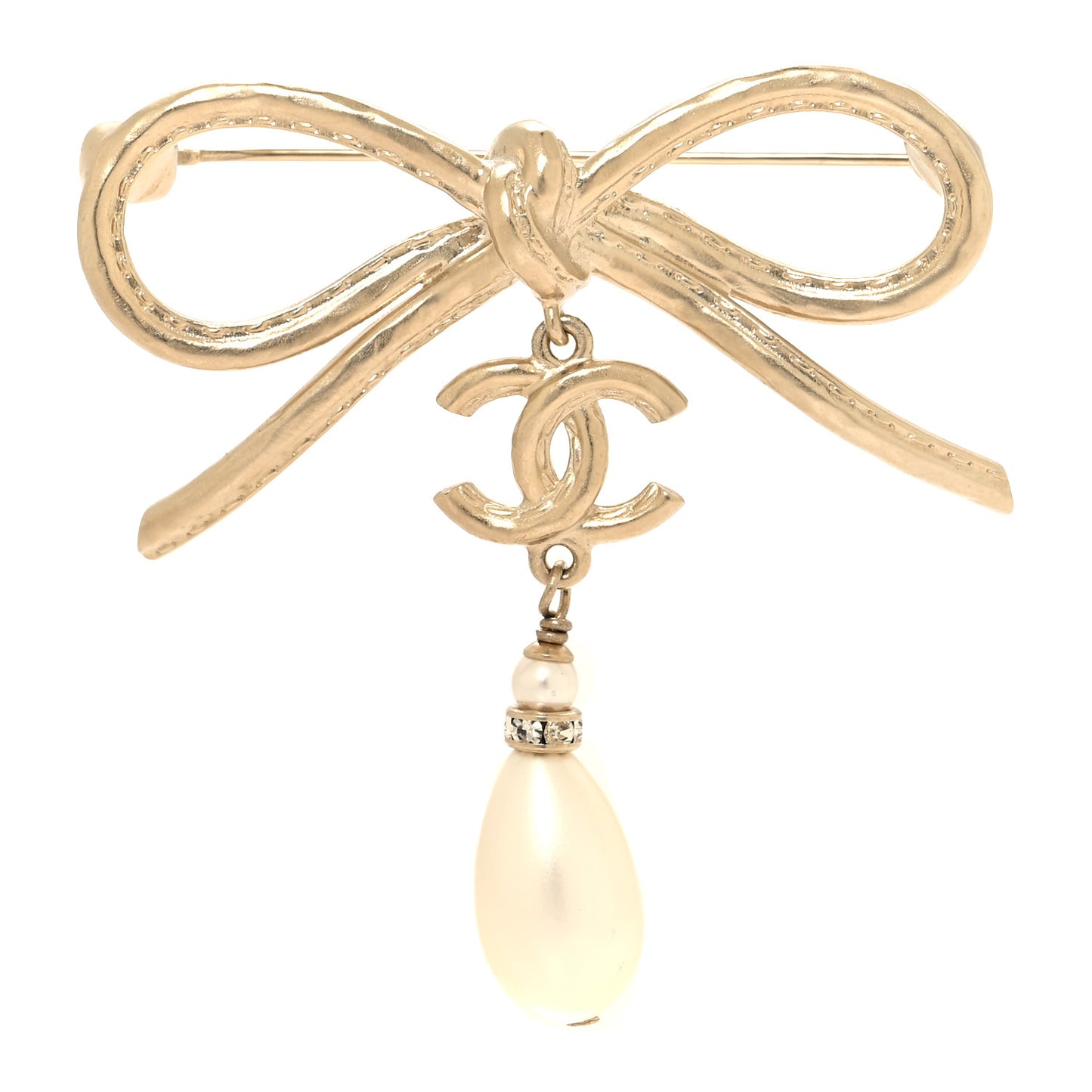 Pearl Crystal CC Bow Drop Brooch Gold