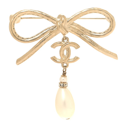 Chanel Pearl Crystal CC Bow Drop Brooch Gold 1 of 3
