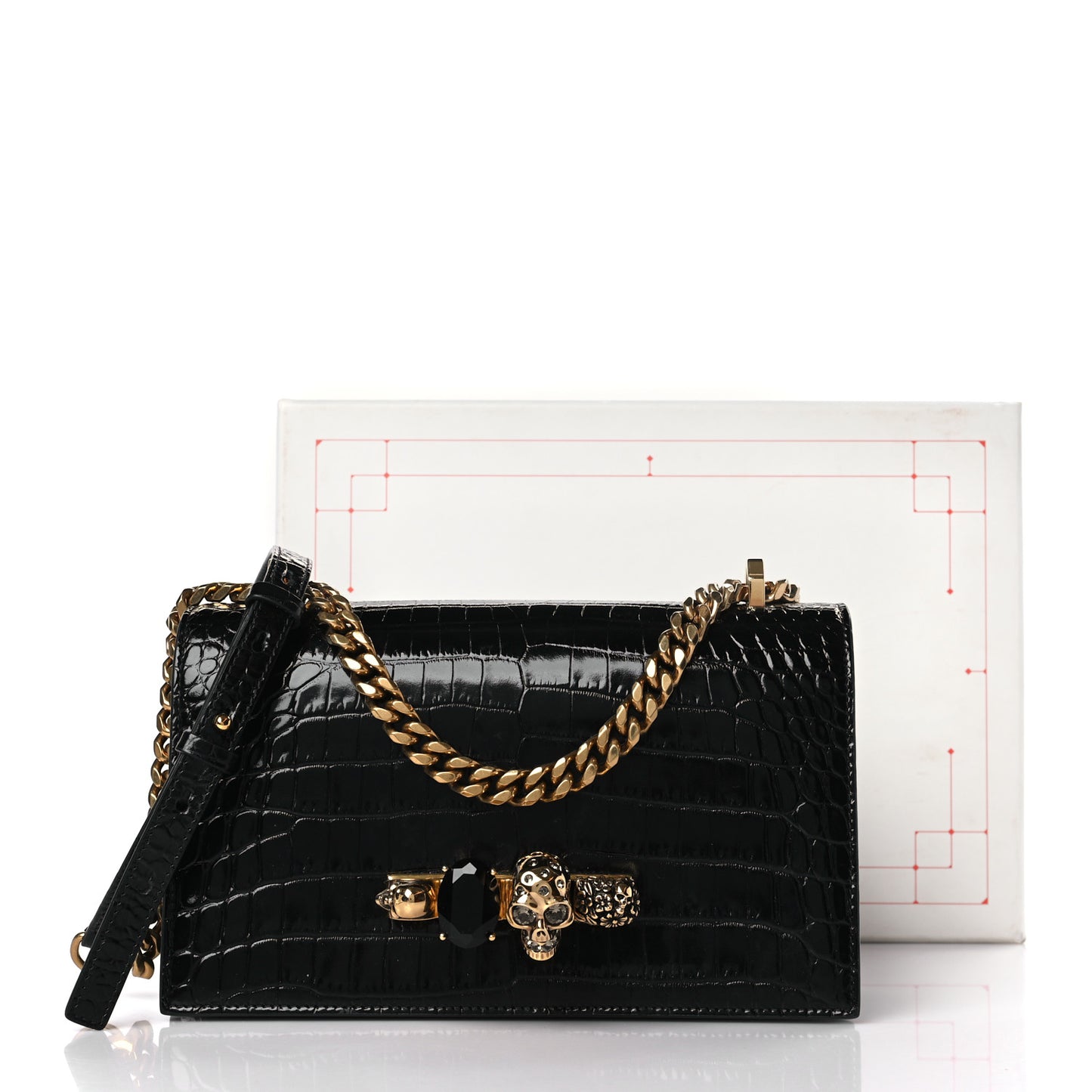 Shiny Calfskin Crocodile Embossed Knuckle Jeweled Crossbody Black