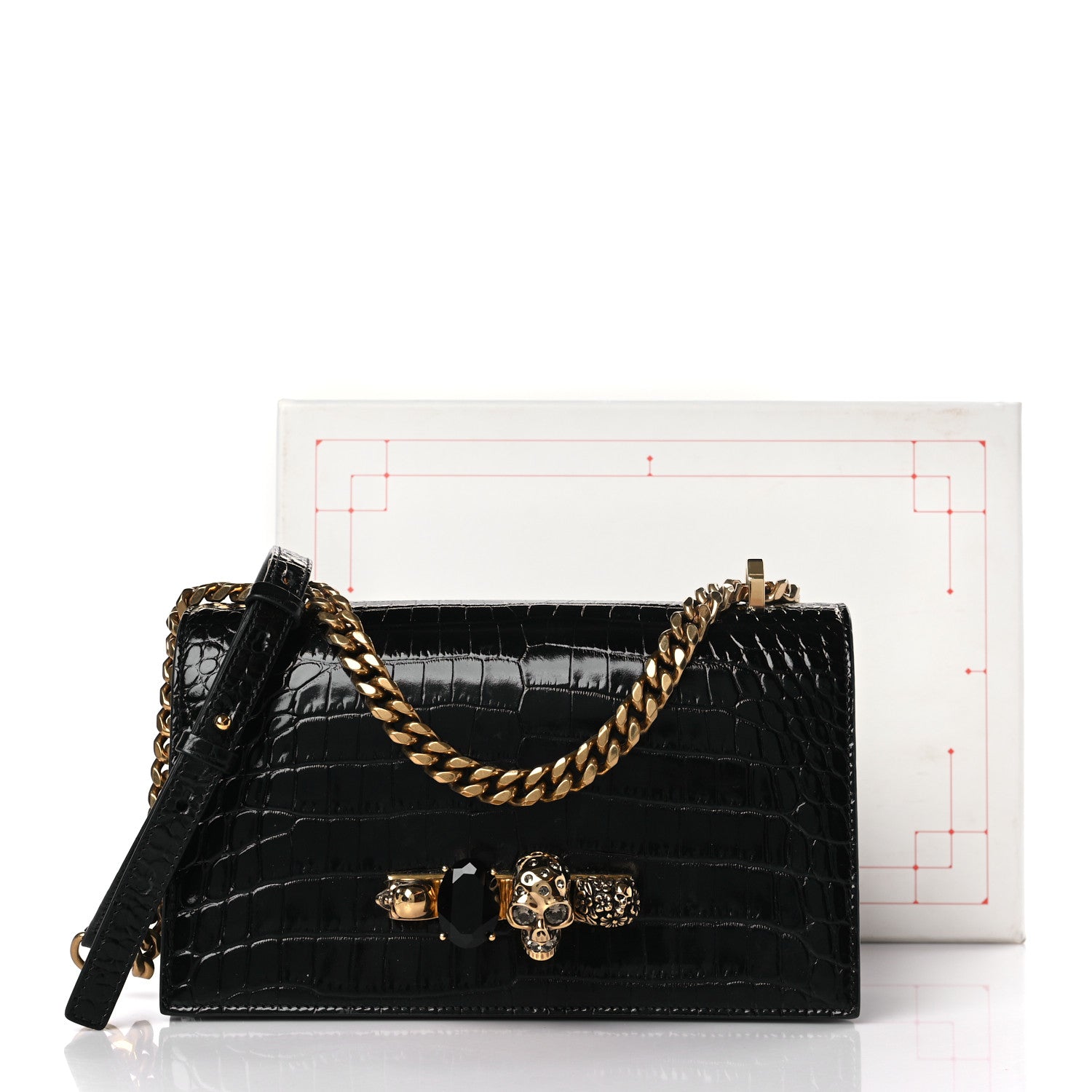 Alexander McQueen Shiny Calfskin Crocodile Embossed Knuckle Jeweled Crossbody Black 8 of 8