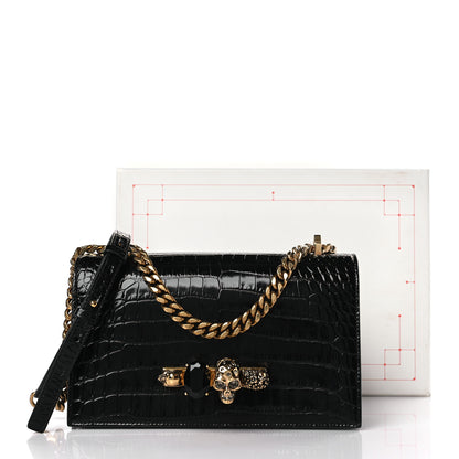 Alexander McQueen Shiny Calfskin Crocodile Embossed Knuckle Jeweled Crossbody Black 8 of 8