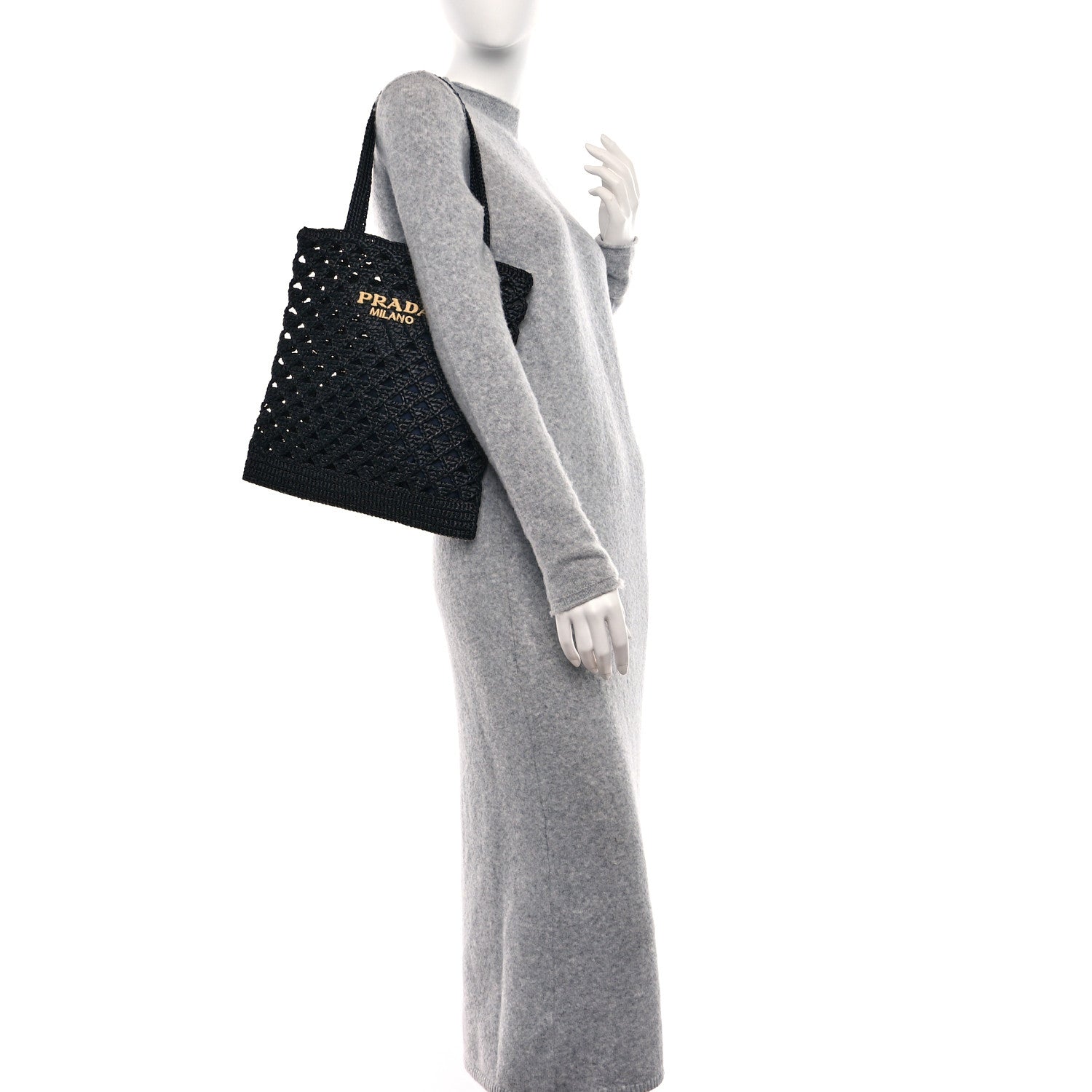 Prada Yarn Raffia Effect Embroidered Logo Tote Black 2 of 8