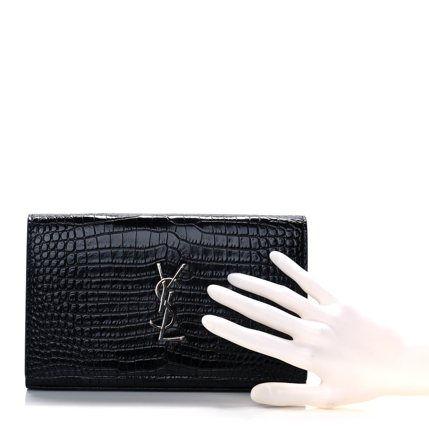 Calfskin Crocodile Embossed Monogram Chain Wallet Black
