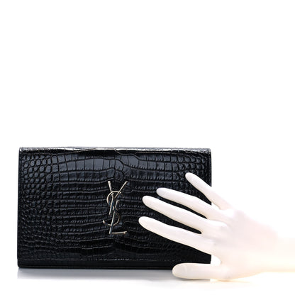 Saint Laurent Calfskin Crocodile Embossed Monogram Chain Wallet Black 2 of 11