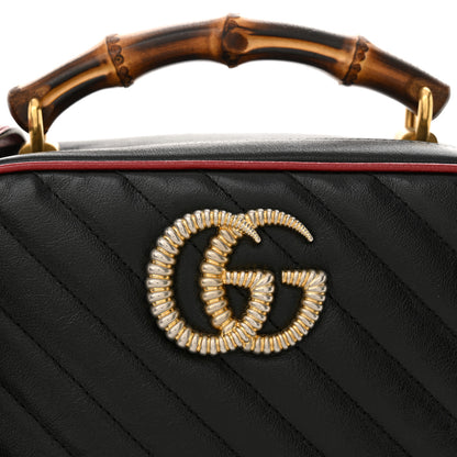 Gucci Vintage Effect Calfskin Matelasse Diagonal Small Torchon GG Marmont Bamboo Top Handle Shoulder Bag Black Romantic Cherry 8 of 11