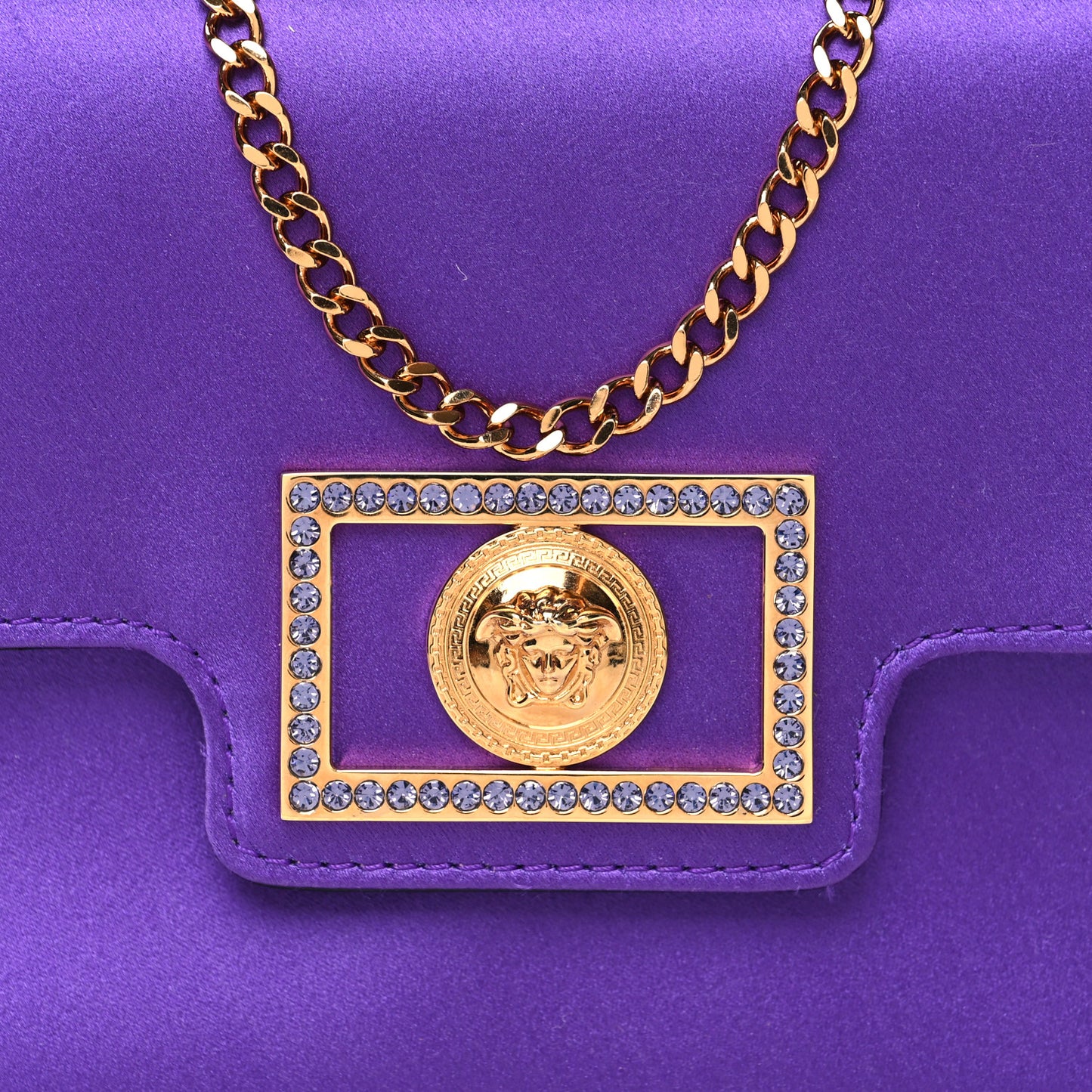 Satin Crystal Embellished La Medusa Pouch On Chain Purple