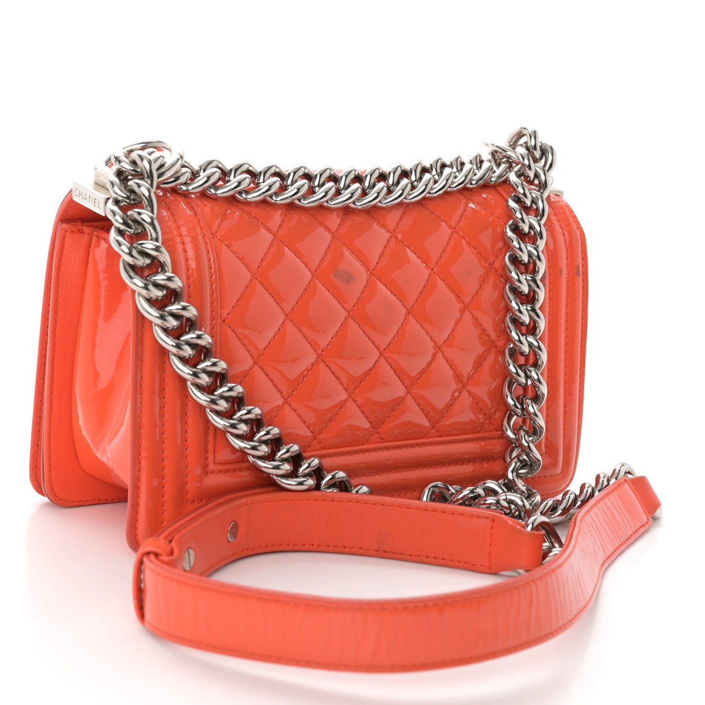 Patent Calfskin Quilted Small Plexiglass Boy Flap Orange