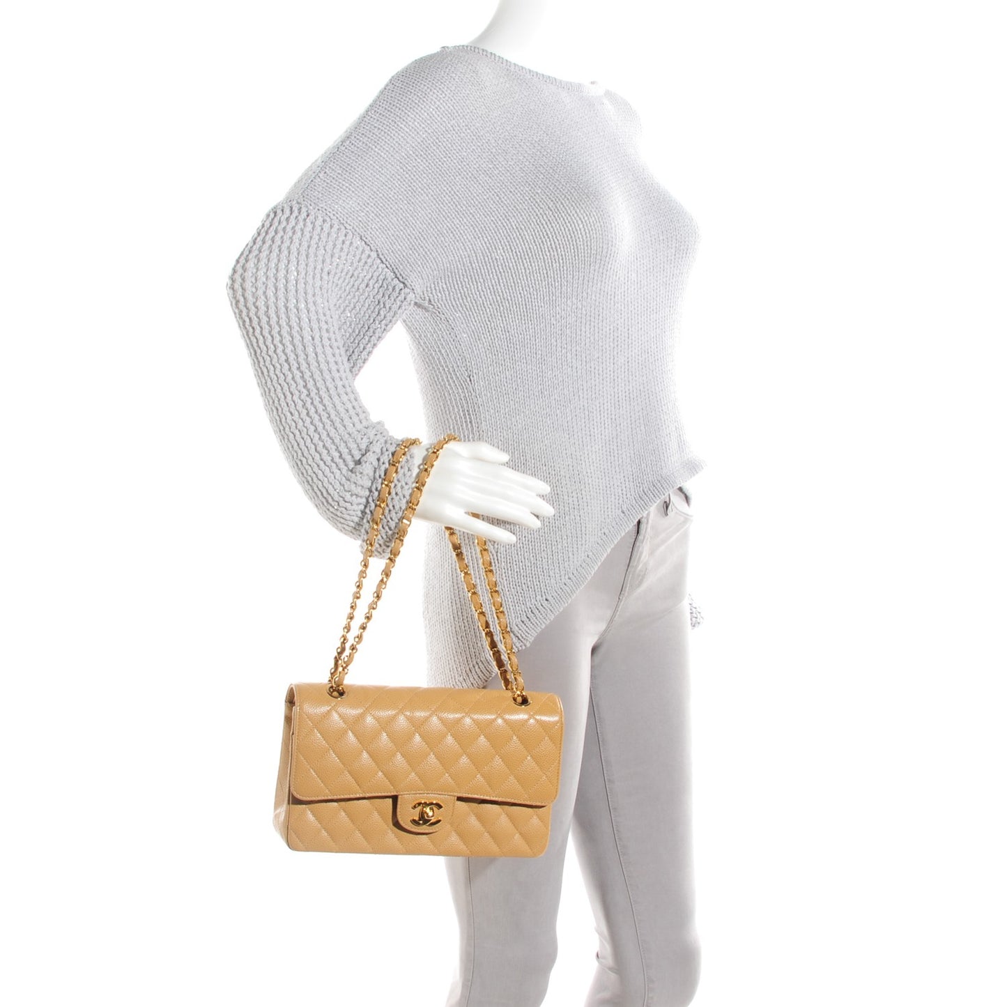 Caviar Quilted Medium Double Flap Beige