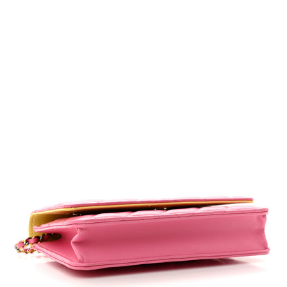 Chanel Lambskin Quilted Wallet On Chain WOC Pink Yellow 4 of 15