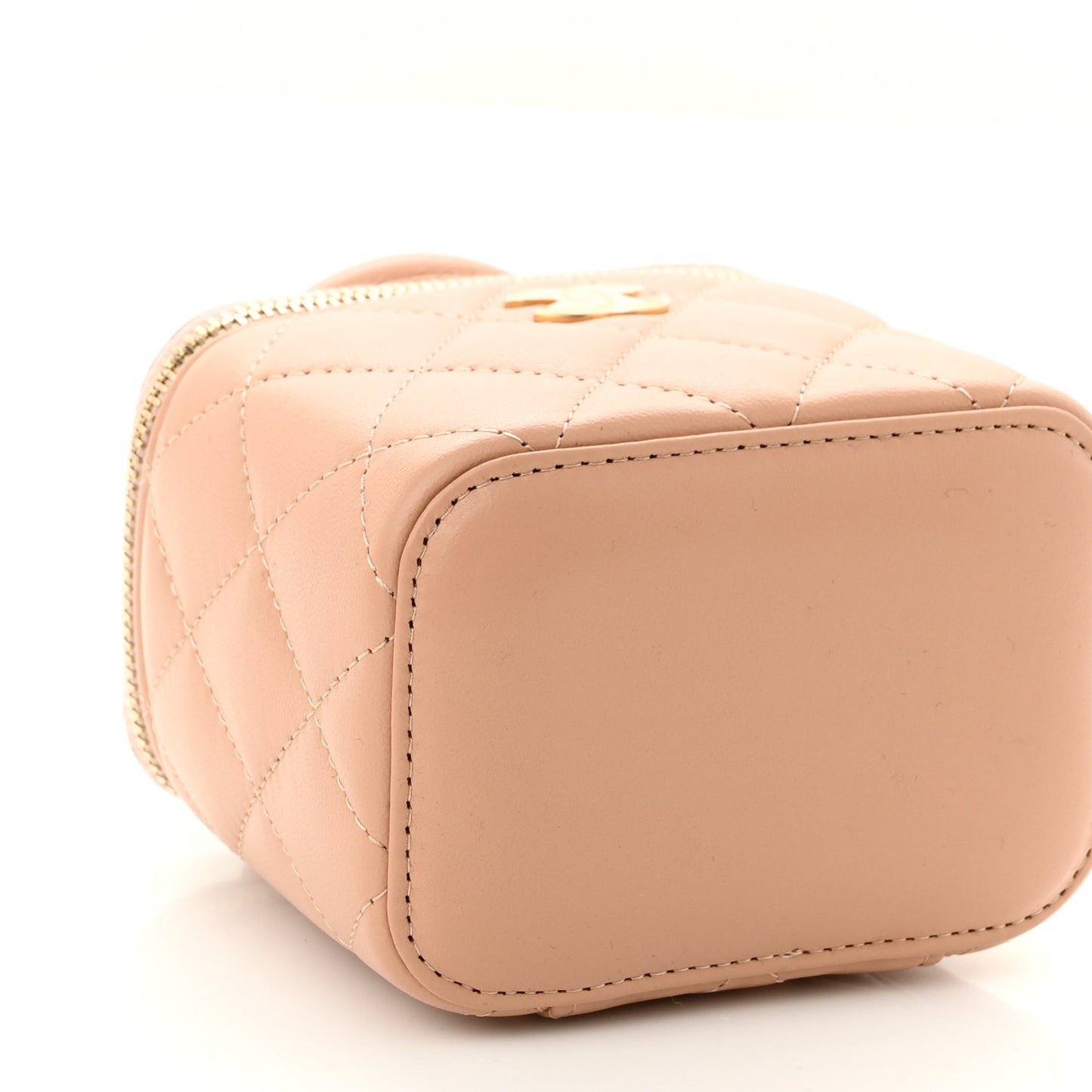 Lambskin Quilted Top Handle Mini Vanity Case With Chain Beige