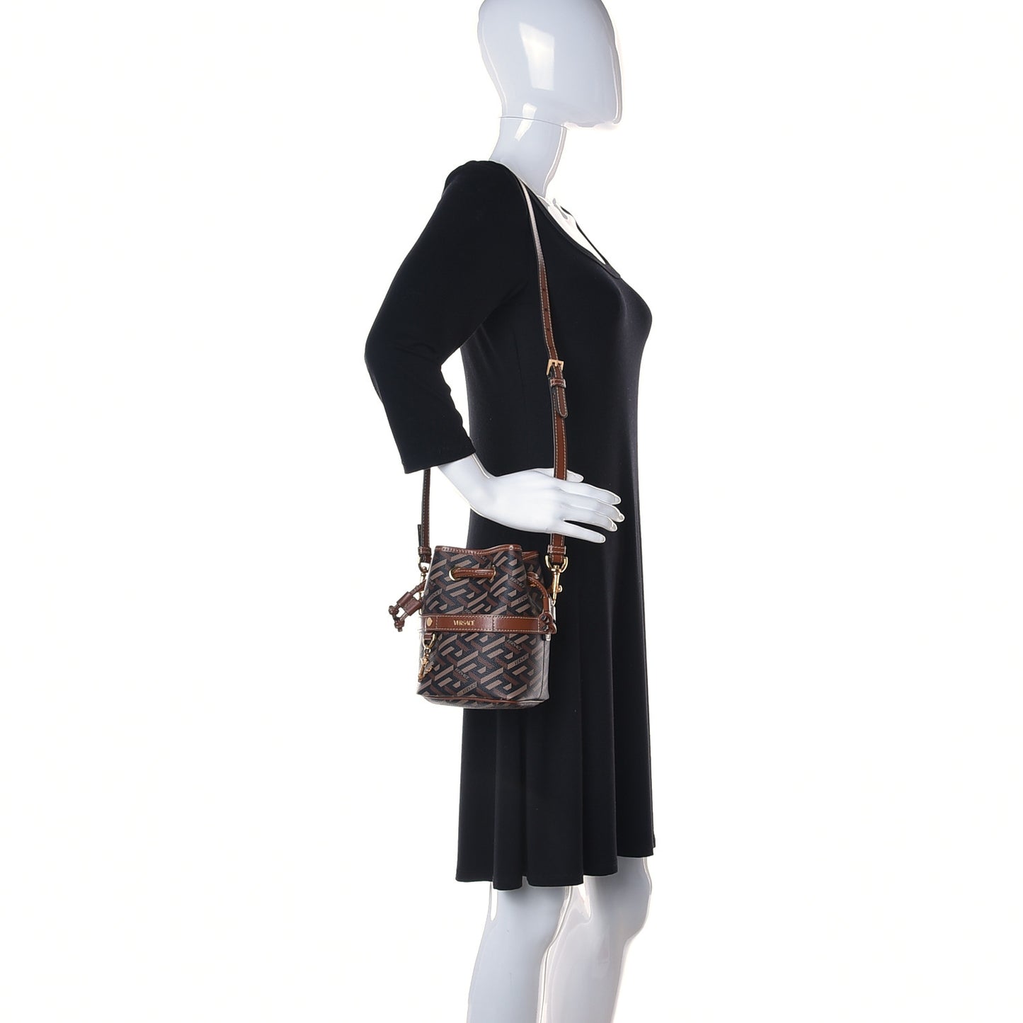 Coated Canvas La Greca Mini Bucket Bag Black Caramel