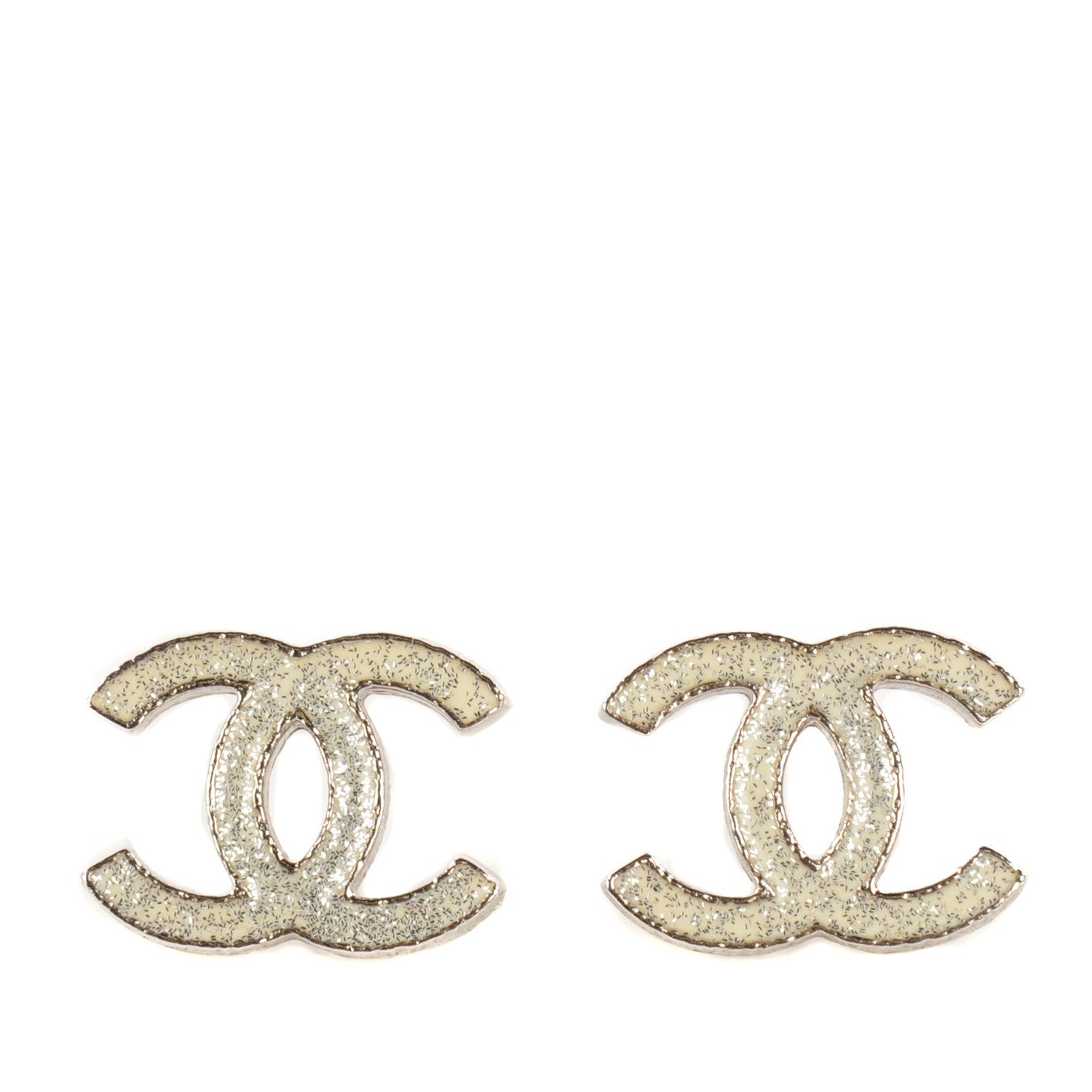 Chanel Glitter Enamel CC Earrings Silver White 1 of 5