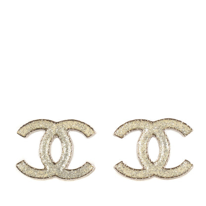 Chanel Glitter Enamel CC Earrings Silver White 1 of 5