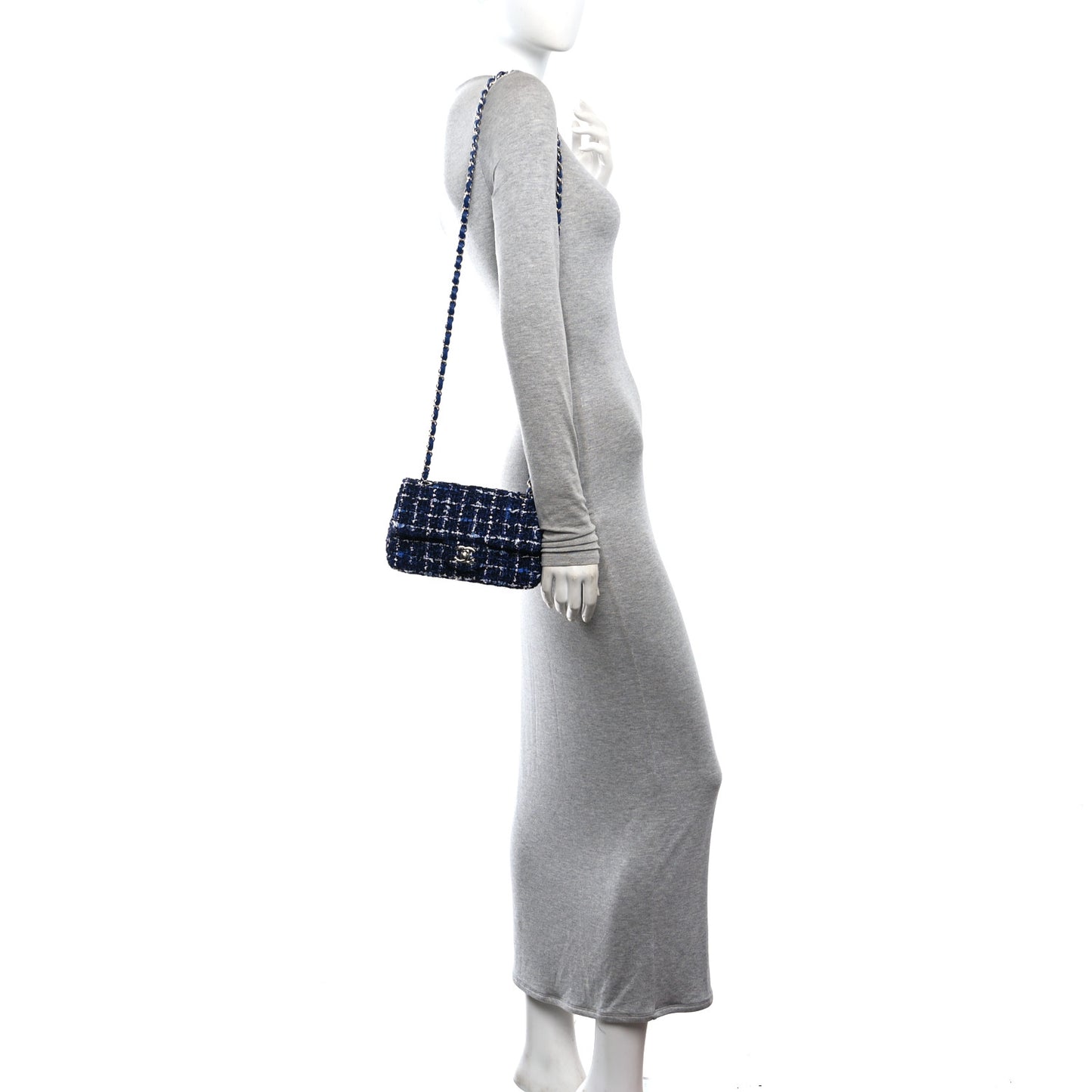 Tweed Quilted Mini Rectangular Flap Navy Blue Ecru