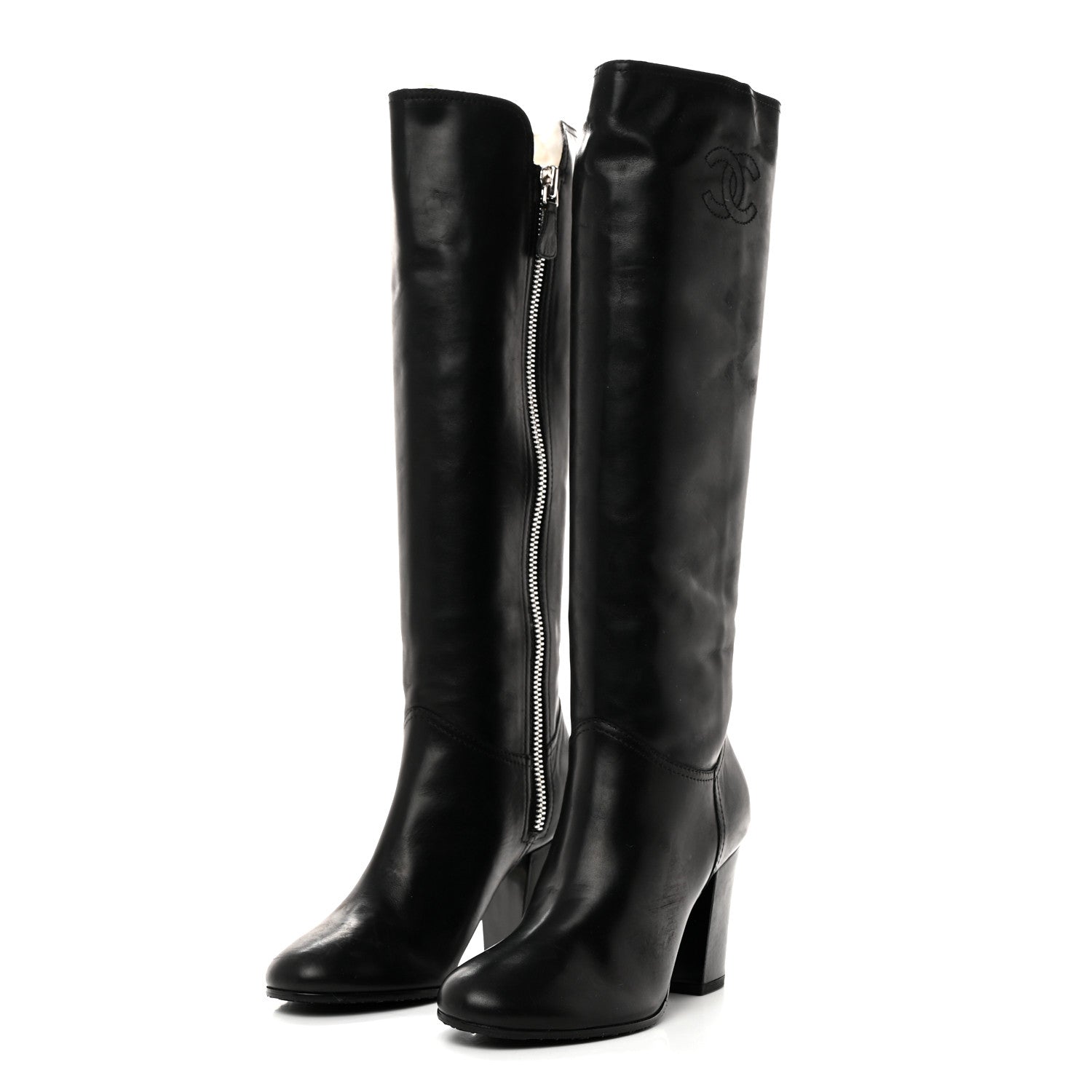 Chanel Calfskin Tall CC Boots 37.5 Black 3 of 11