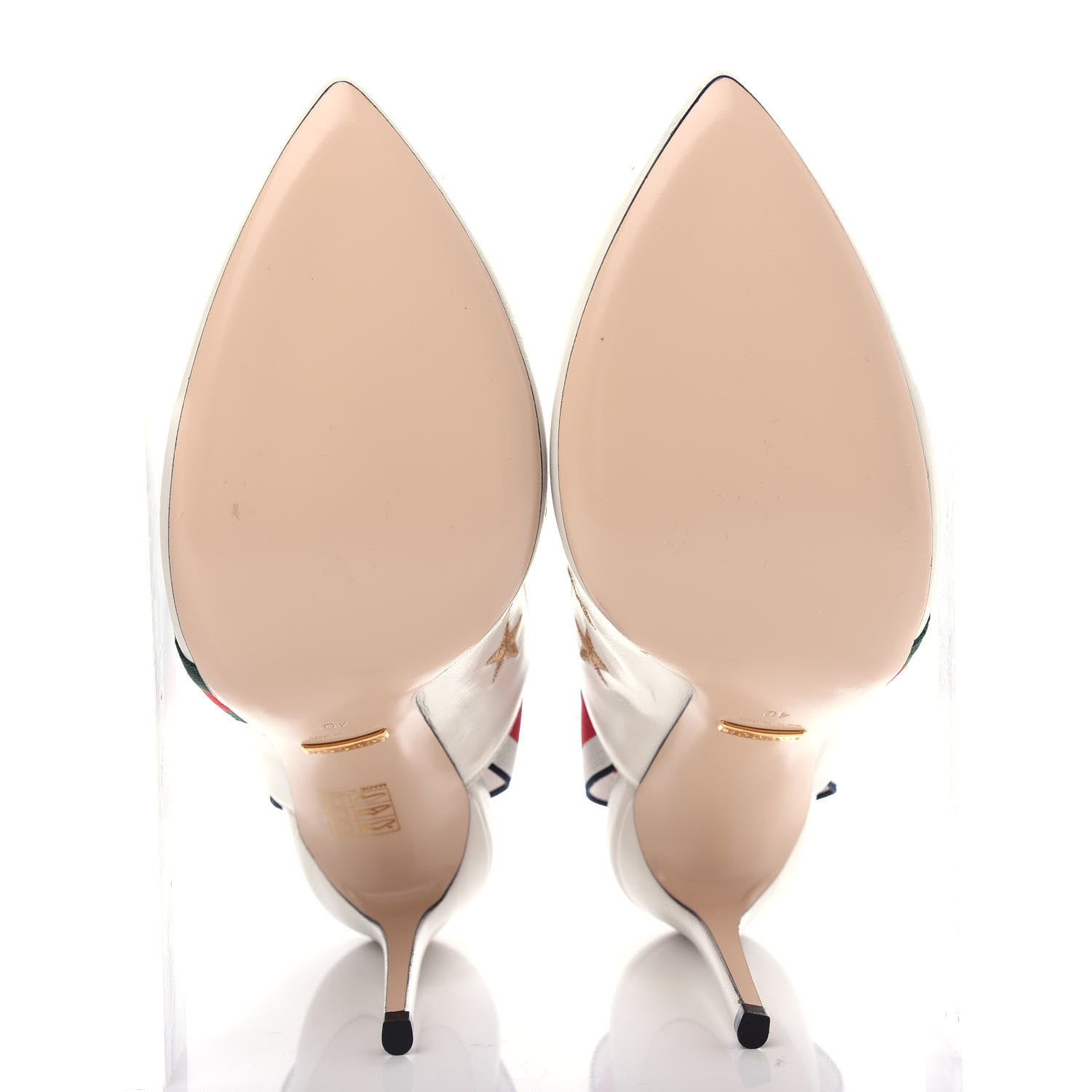 Gucci Malaga Kid Web Bee Star Embroidered Sylvie High Heel Slingback Pumps 40 White 6 of 12