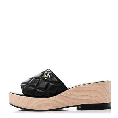Chanel Lambskin Quilted CC Wedge Sandals 38 Black 1 of 10