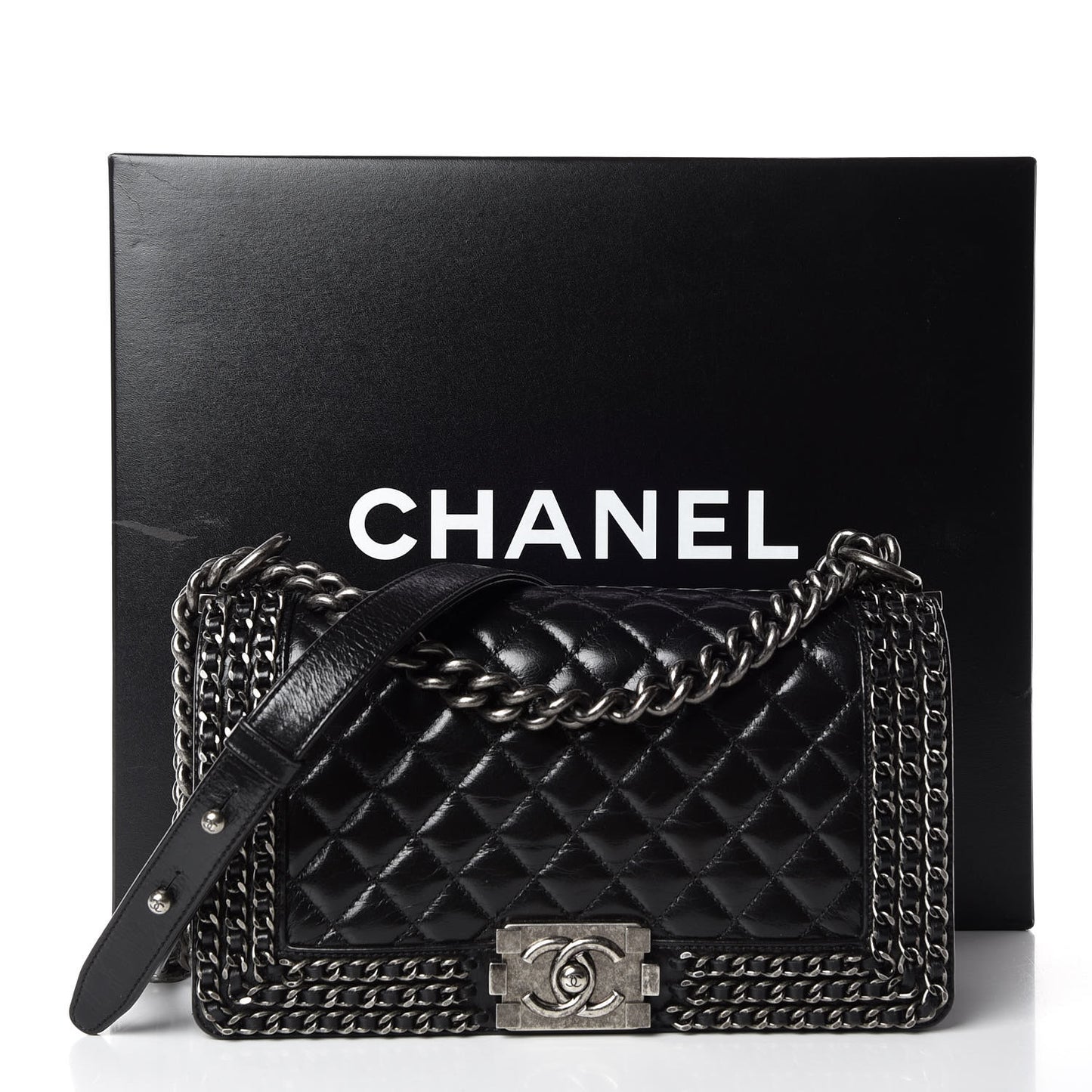 Glazed Calfskin Quilted Medium Boy Chained Flap Black