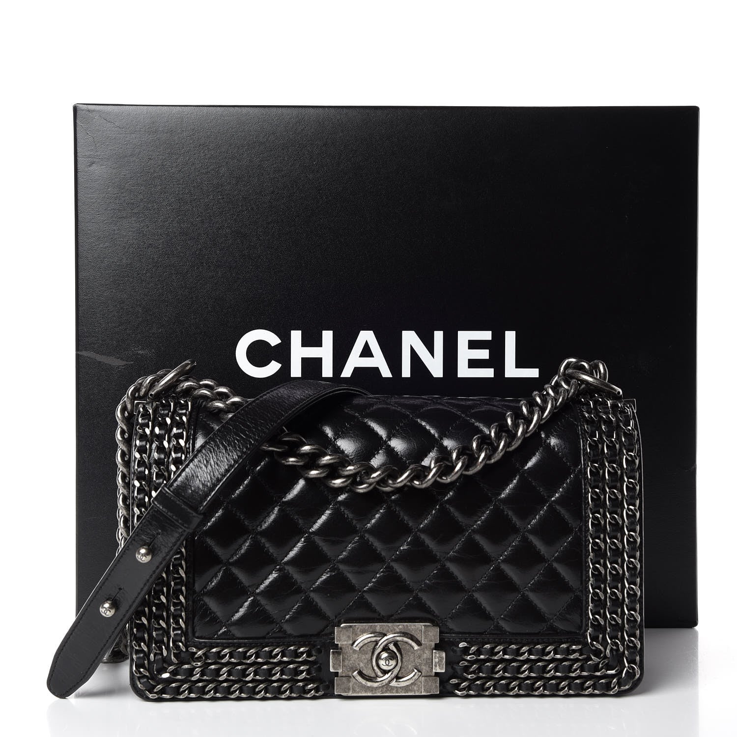Chanel Glazed Calfskin Quilted Medium Boy Chained Flap Black 13 of 13