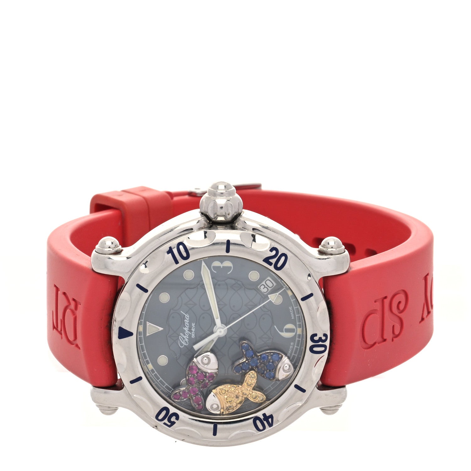 Chopard Stainless Steel Rubber Ruby Yellow Blue Sapphire 38mm Happy Sport Fish Quartz Watch Red 2 of 5