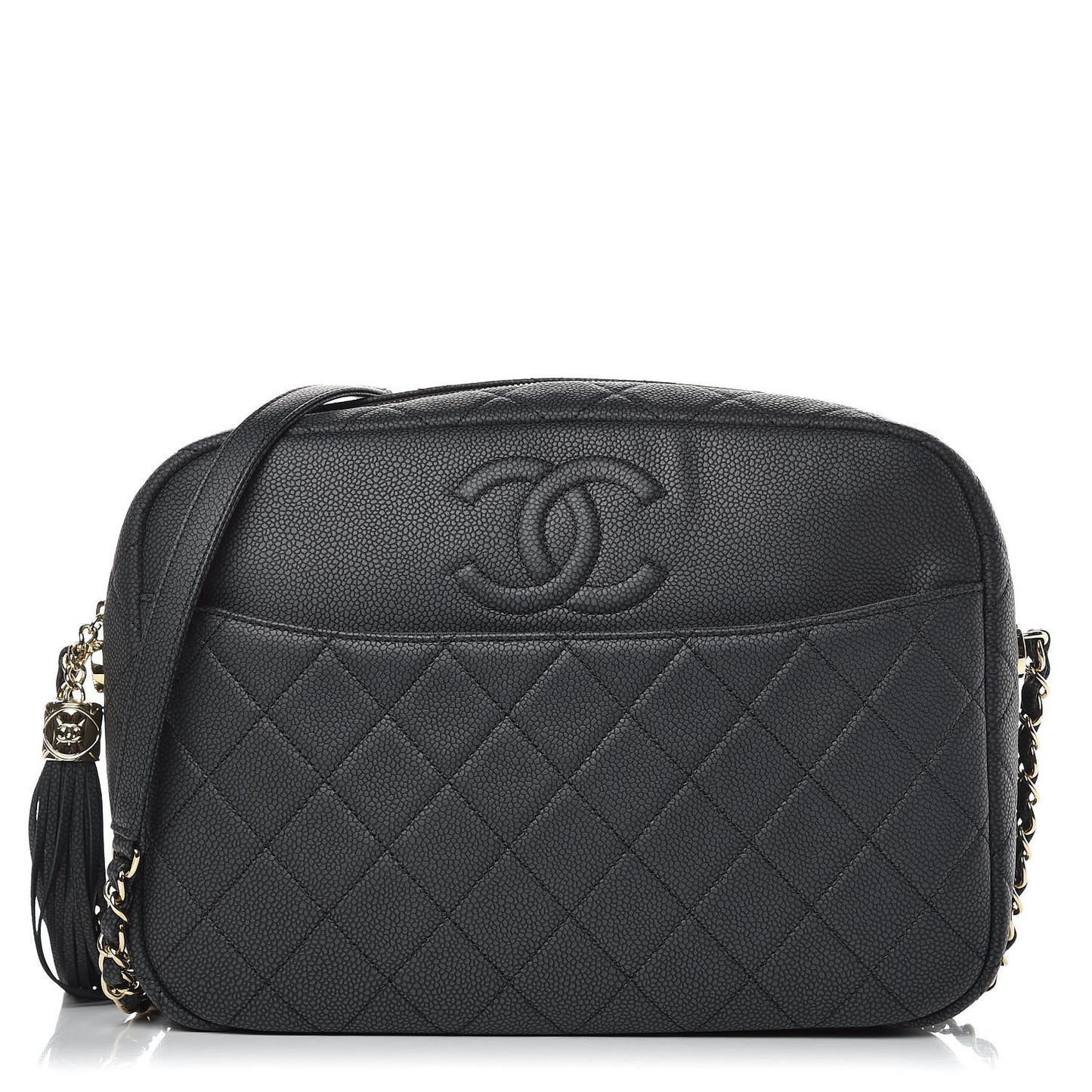 Caviar Quilted Large Coco Tassel Camera Case Black