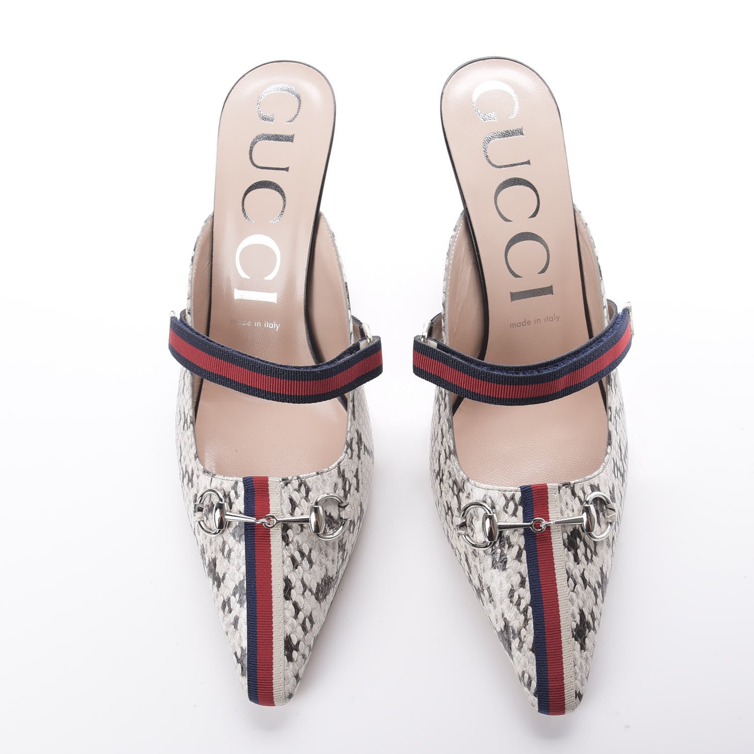 Gucci Elaphe Snakeskin Sylvie Web Cross Strap Mid-Heel Slides 40.5 New Roccia 8 of 10