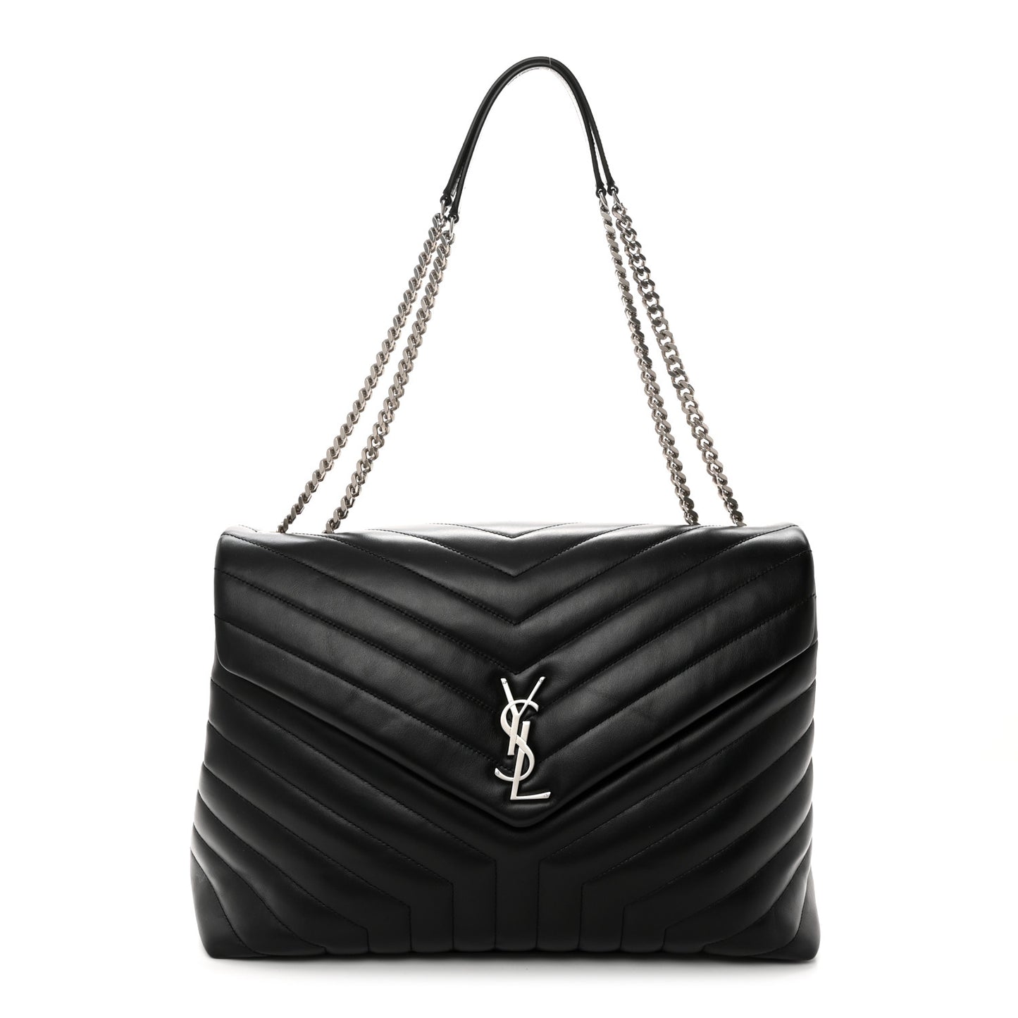 SAINT LAURENT Calfskin Y Quilted Monogram Large Loulou Chain Satchel Black