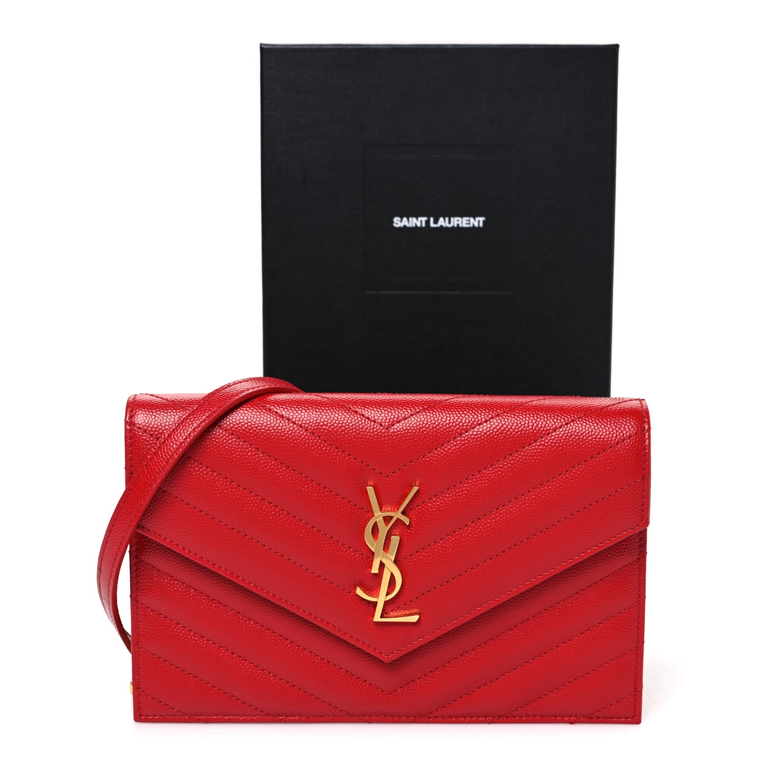 Saint Laurent Grain De Poudre Matelasse Chevron Monogram Envelope Chain Wallet Bandana Red 11 of 11