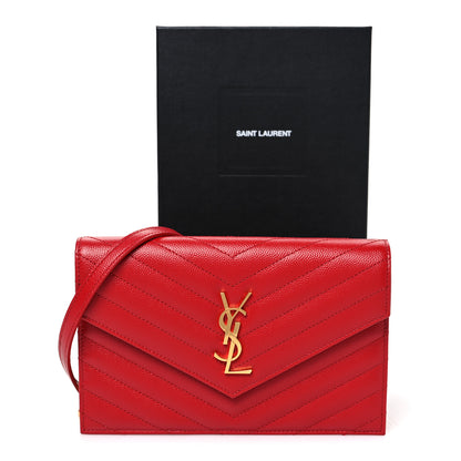 Saint Laurent Grain De Poudre Matelasse Chevron Monogram Envelope Chain Wallet Bandana Red 11 of 11
