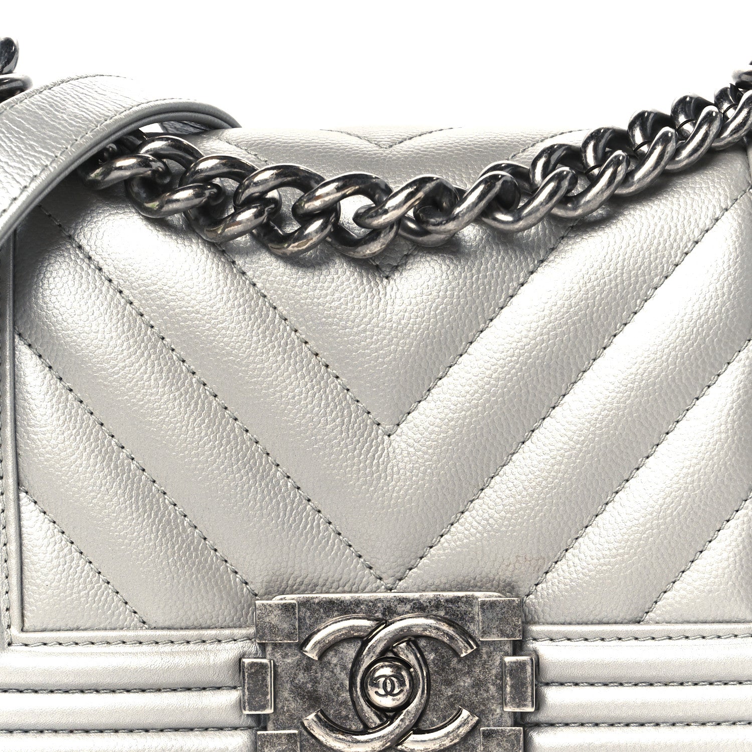 Chanel Metallic Caviar Chevron Quilted Small Boy Flap Silver 8 of 10