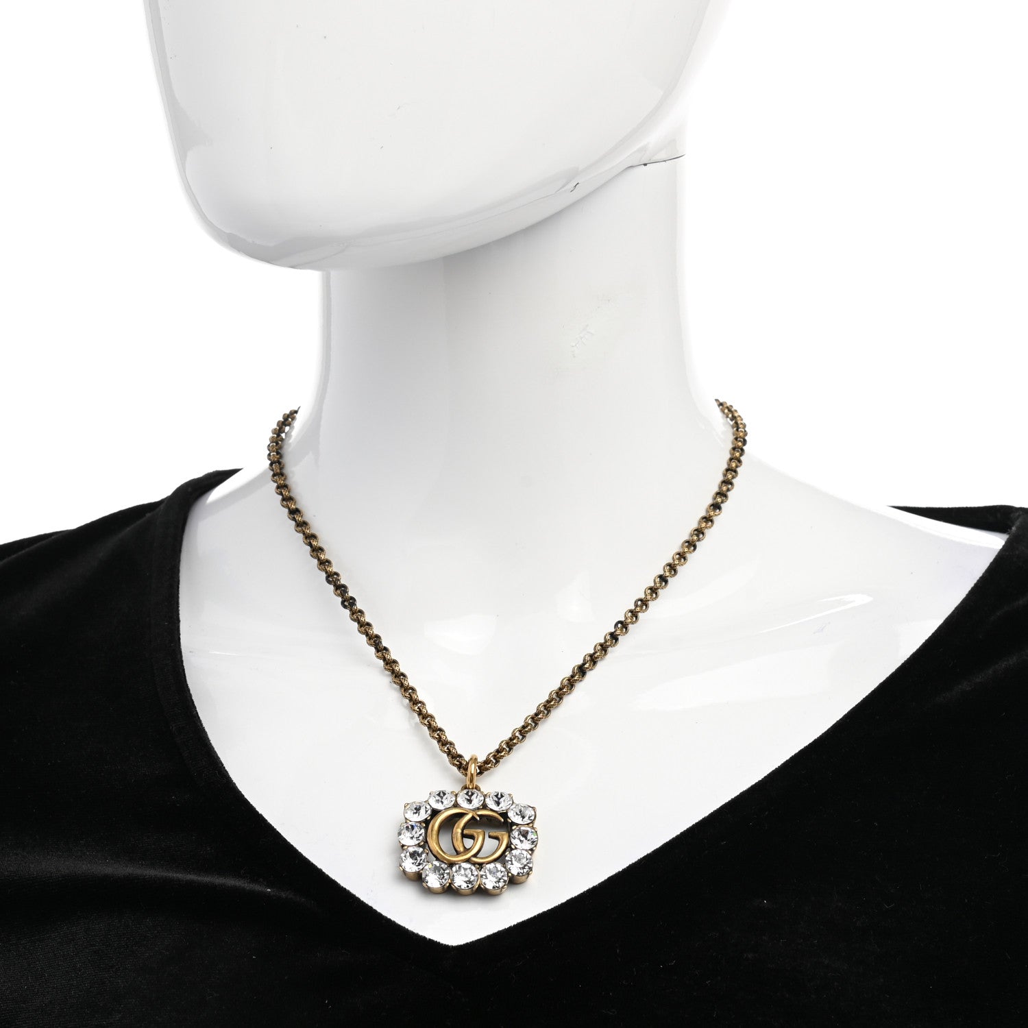 Gucci Crystal Embellished Double G Necklace Aged Gold 2 of 12