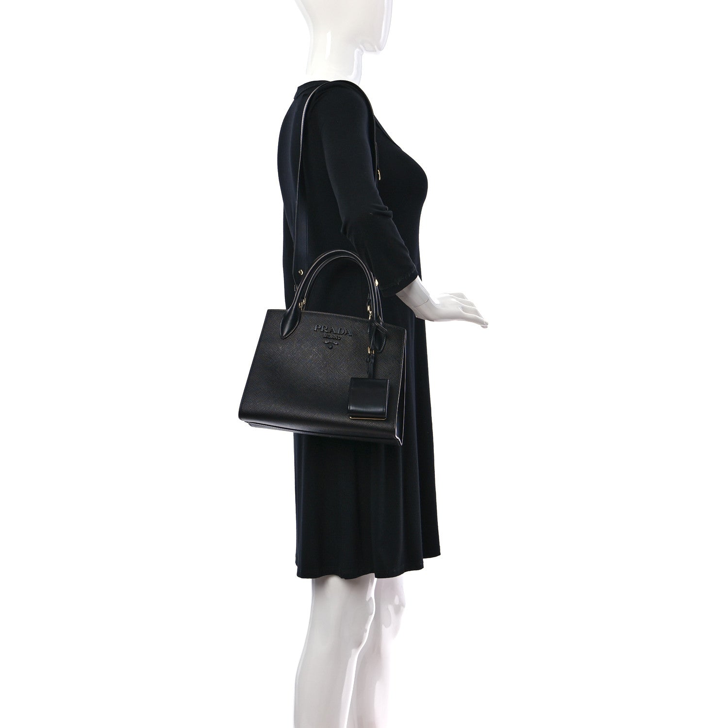 Prada Saffiano Cuir Calfskin Small Monochrome Top Handle Tote Black 2 of 9