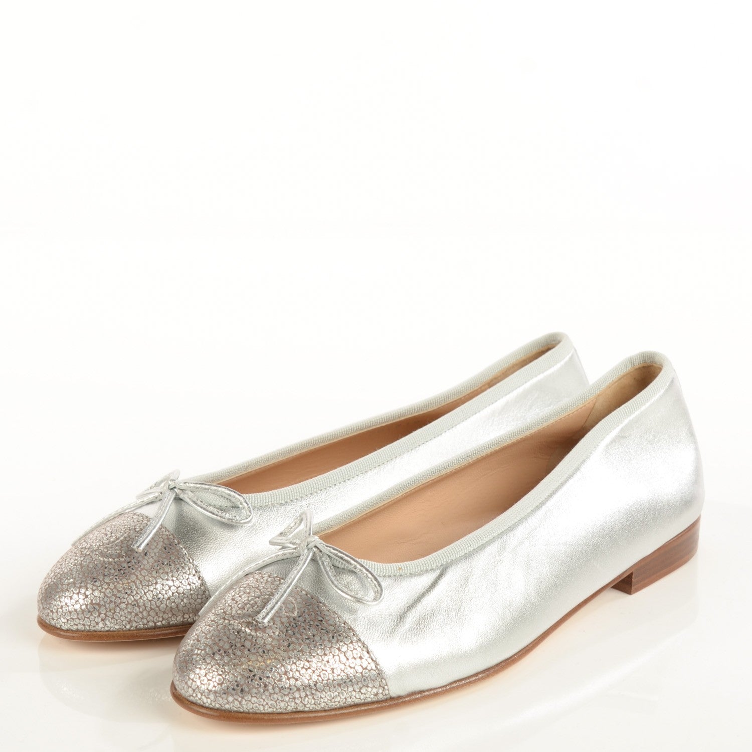 Chanel Lambskin Metallic CC Cap Toe Ballerina Flats 37 Silver 3 of 8