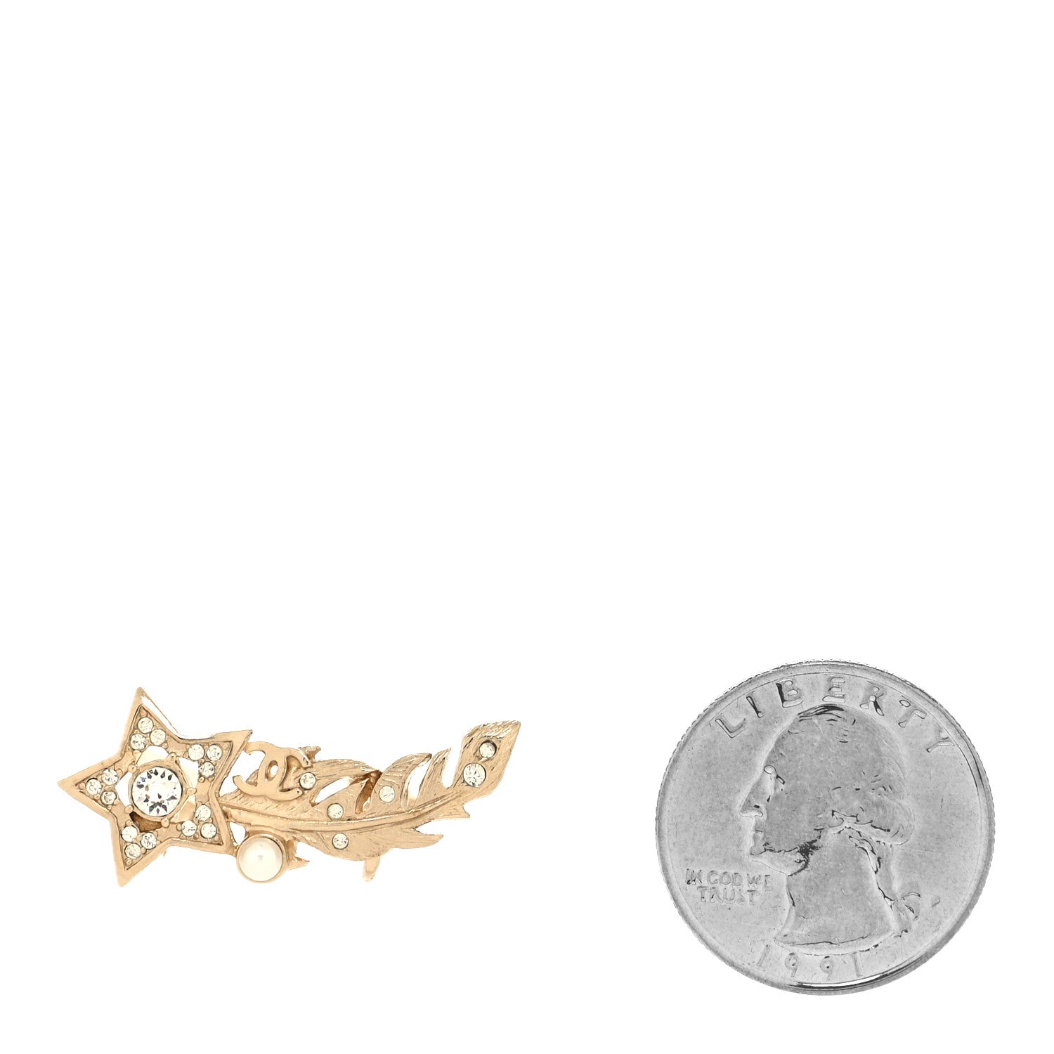Chanel Crystal Pearl Feather Star CC Single Clip On Earring Gold 2 of 4
