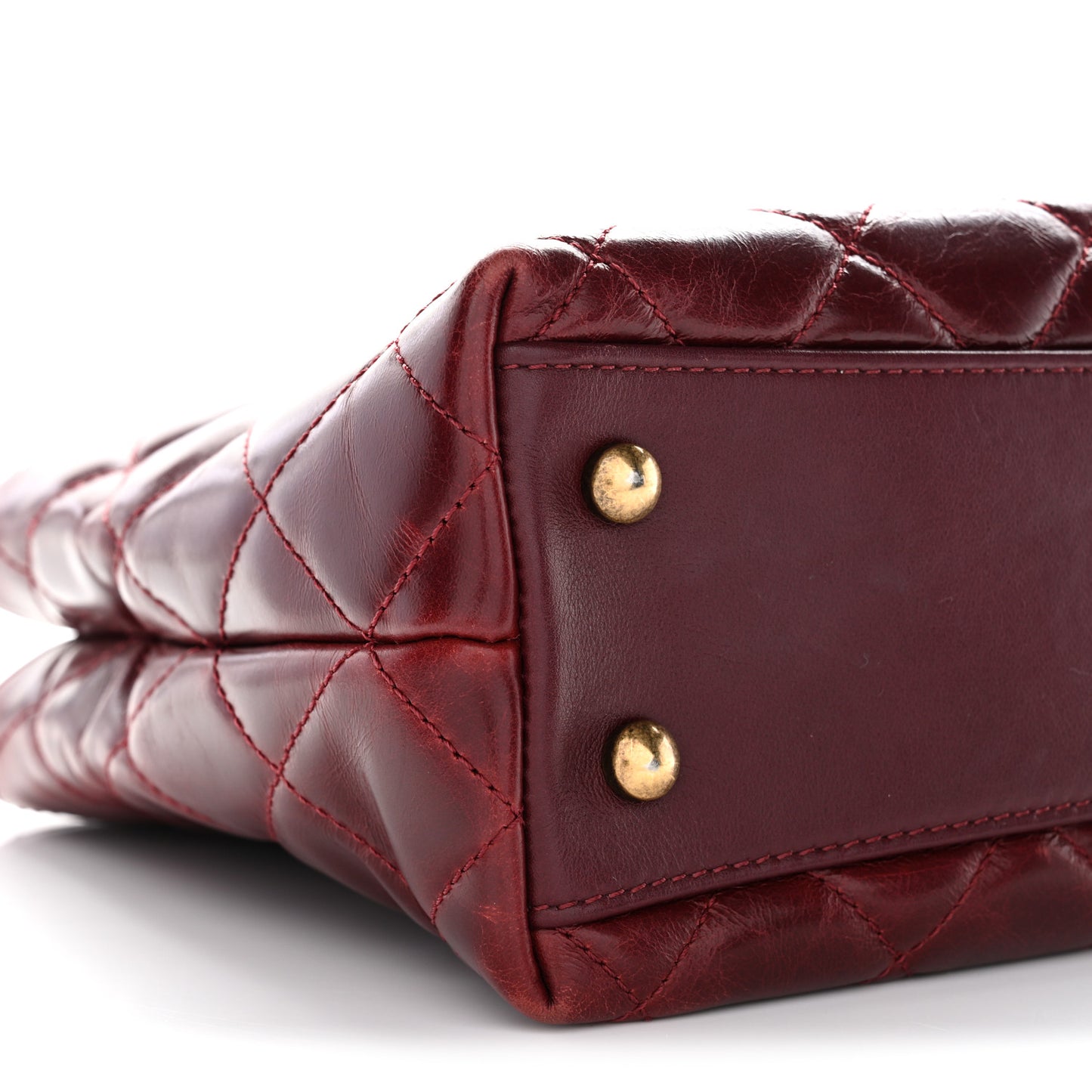 Glazed Calfskin Quilted Small Gold Bar Tote Red