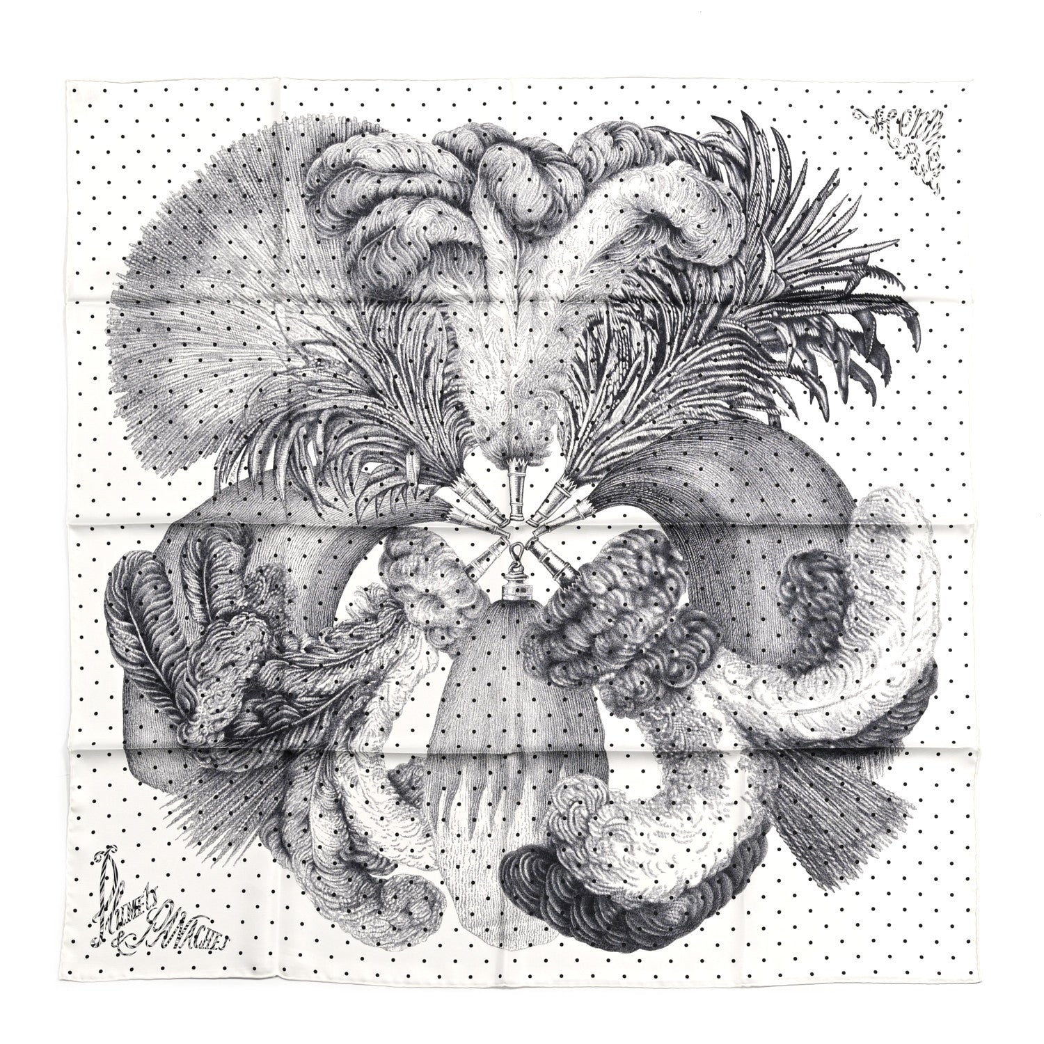 Hermes Silk Plumets Et Panaches Scarf 90 White Black Anthracite 1 of 6