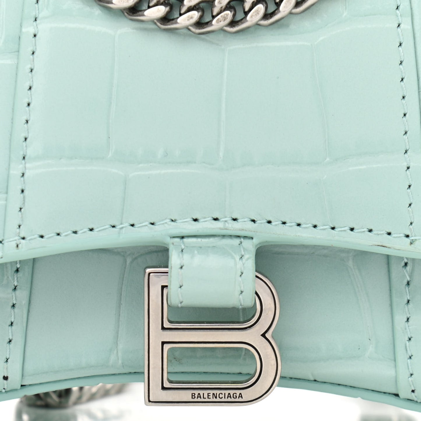 Shiny Calfskin Crocodile Embossed Hourglass Top Handle Bag Mini with Chain Green Acqua