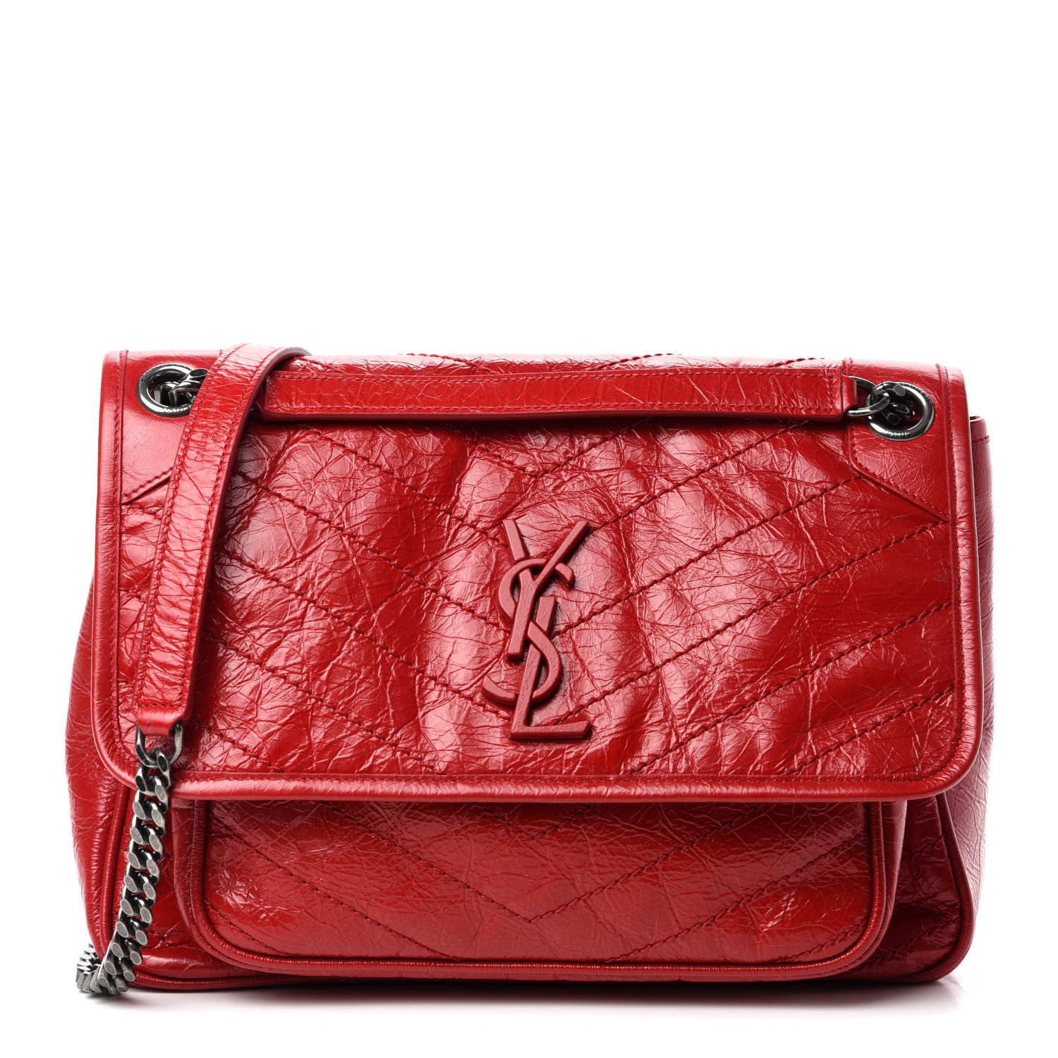 Saint Laurent Crinkled Calfskin Matelasse Monogram Medium Niki Chain Satchel Rouge Eros 1 of 12