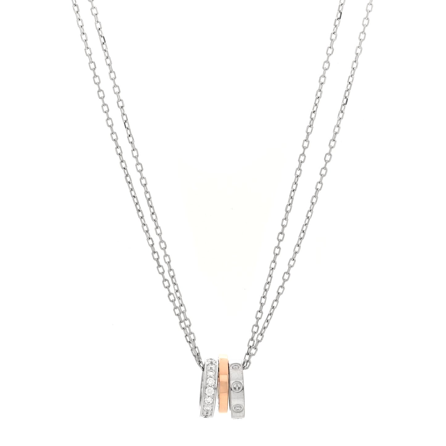 18K White Pink Gold Diamond Three Ring LOVE Pendant Necklace